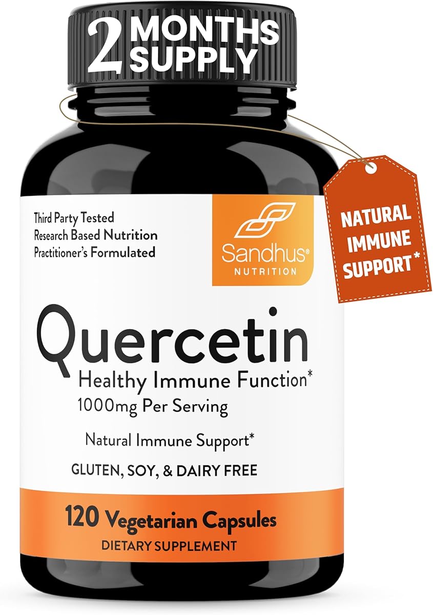 Sandhu's Quercetin 500mg Vegetarian Capsules 120 Count | 1000mg Per Serving of 2 Capsules | Immune Support Supplements For Respiratory, Cellular Health & Seasonal Allergies | Quercitin for Men & Women Immunity
