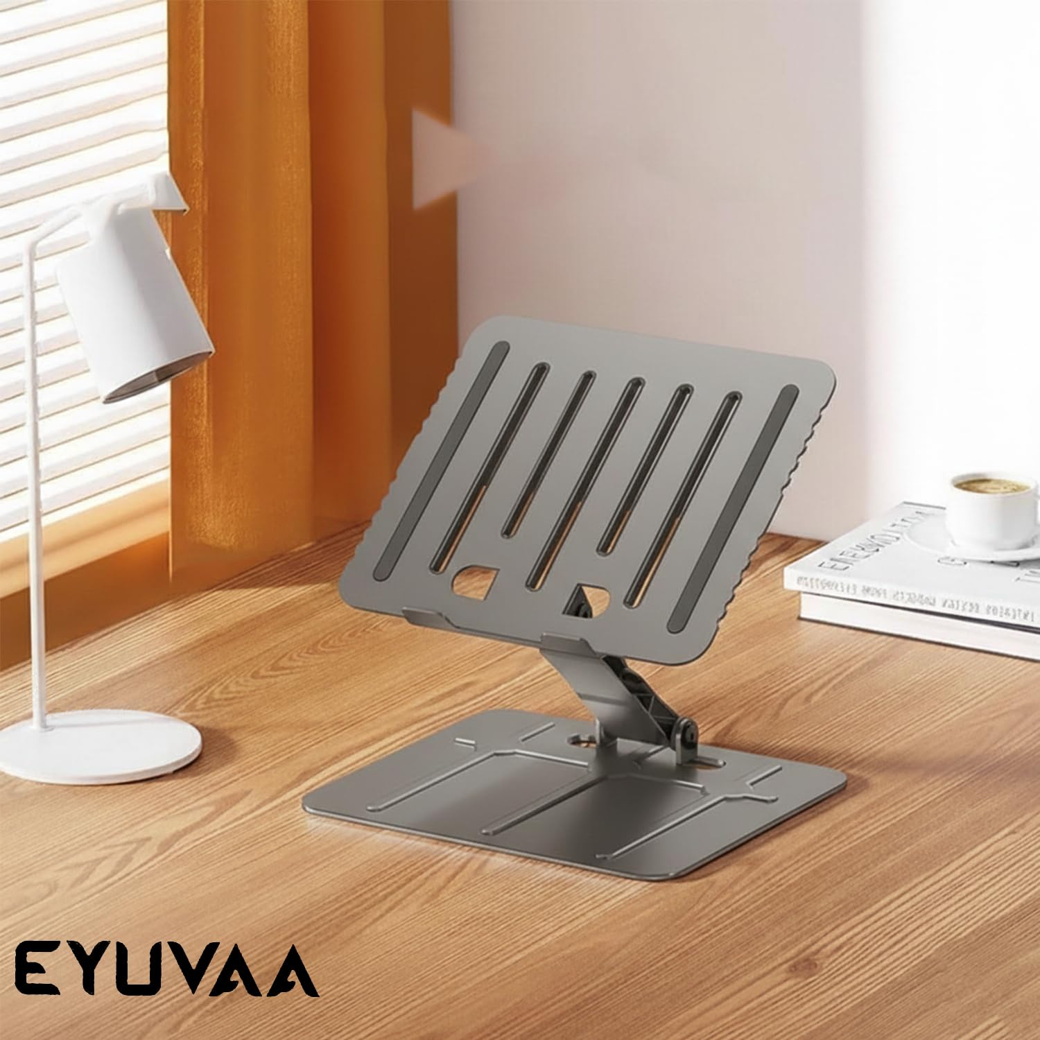 EYUVAA LABEL Heavy-Duty Metal Laptop Stand | Foldable & Adjustable Ergonomic Design with Anti-Slip Silicon Pads, Aluminium Alloy Riser with 17″ Laptops for Desk, Home, Office (Gray)