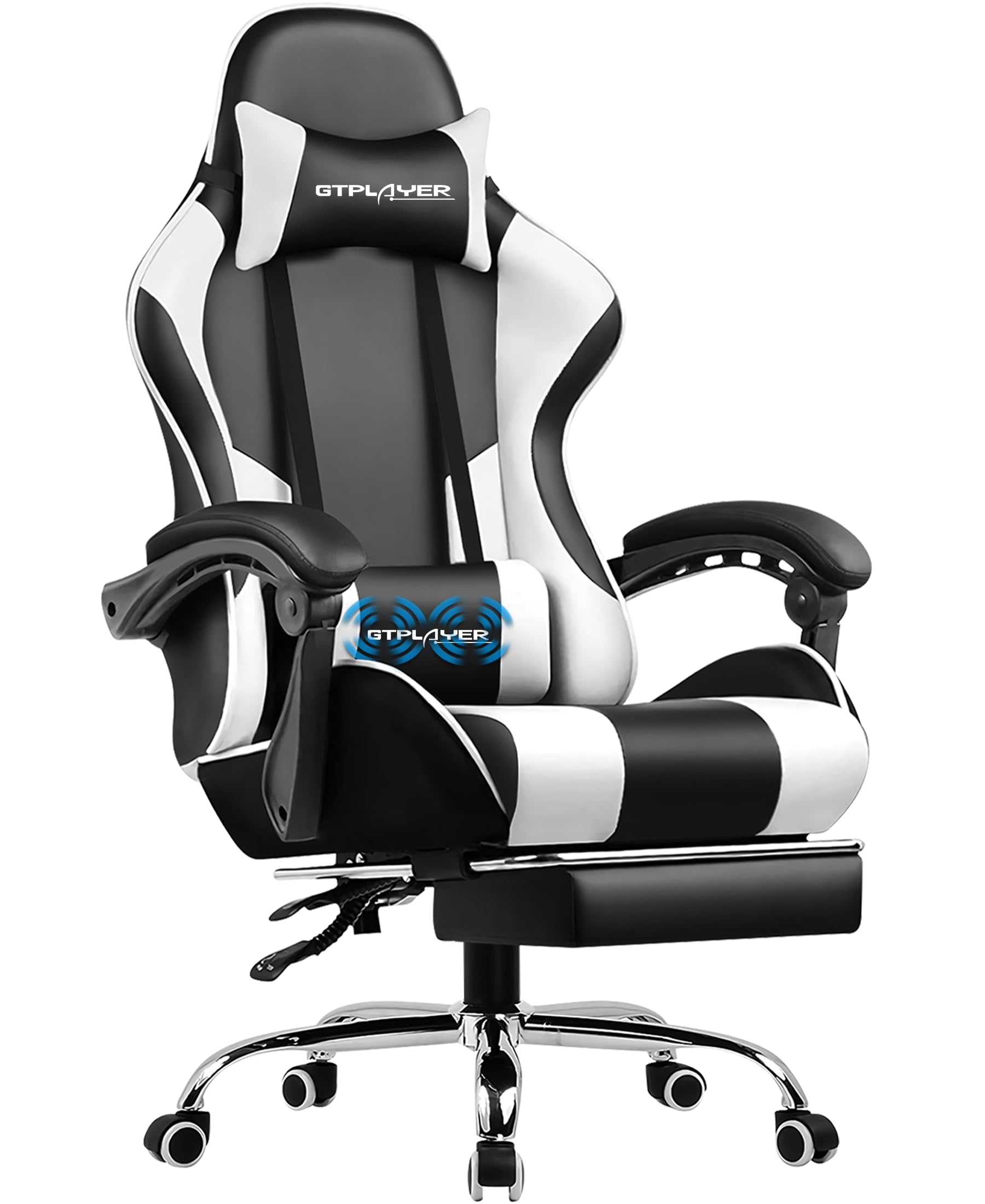 GTPLAYER Silla de Videojuegos ergonómica para Masaje con reposapiés y Soporte Lumbar, Altura Ajustable, Asiento Giratorio de 360° y reposacabezas para Oficina, Color Blanco
