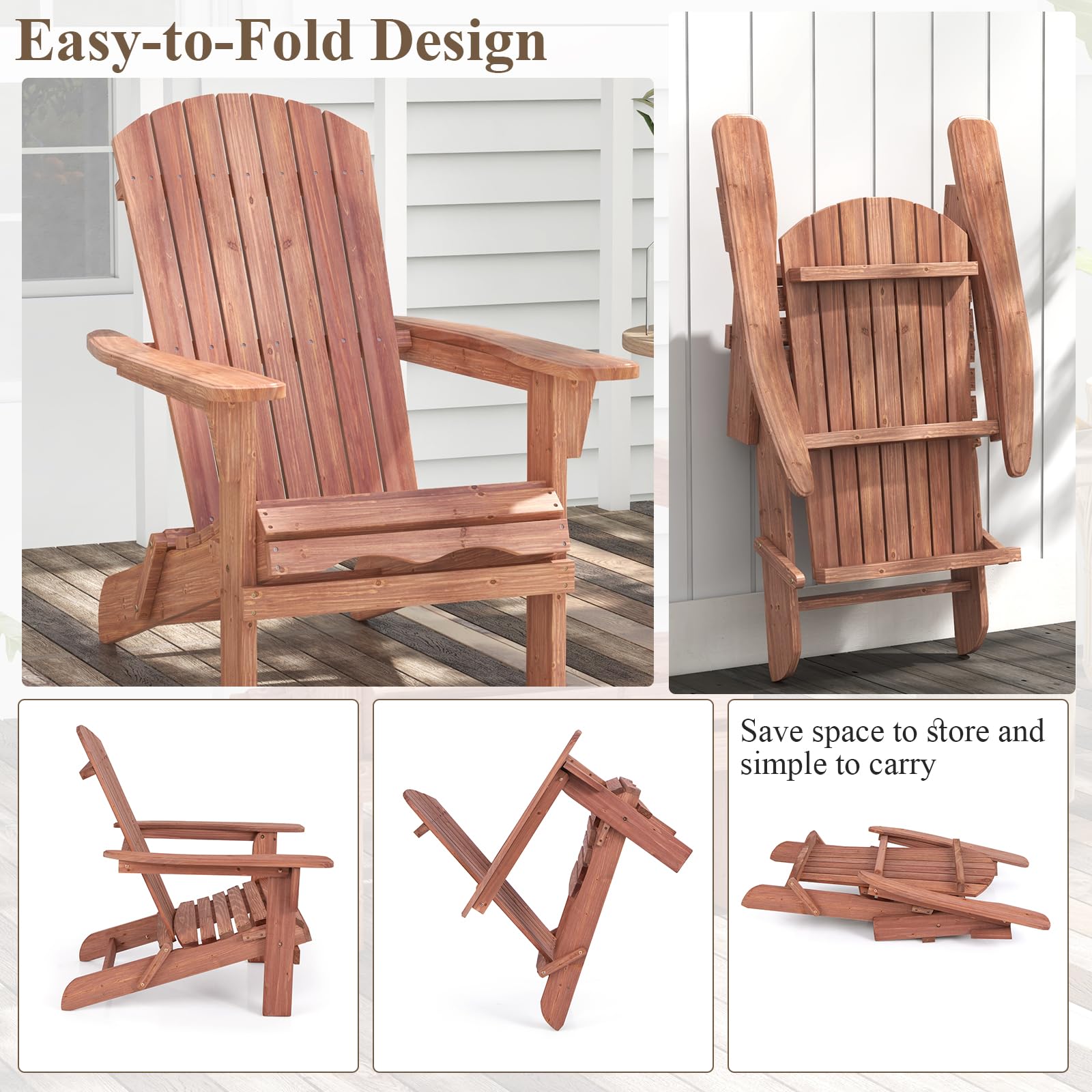 KOMFOTTEU Sedia Adirondack Pieghevole in Legno di Abete, Portata 180kg, Naturale, 2 Pezzi