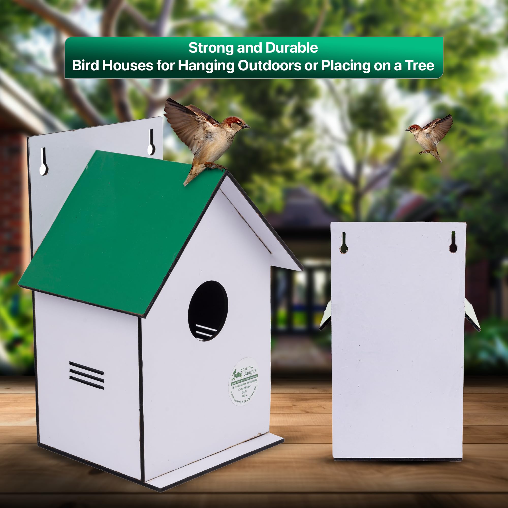 Sparrow Daughters Wooden Hut Shape Bird House | MDF Birdhouse for Sparrows, Love Birds & Small Birds | Balcony, Garden & Window Grill Hanging | Weather Resistant | 4 Colours | Made in India | Green 4