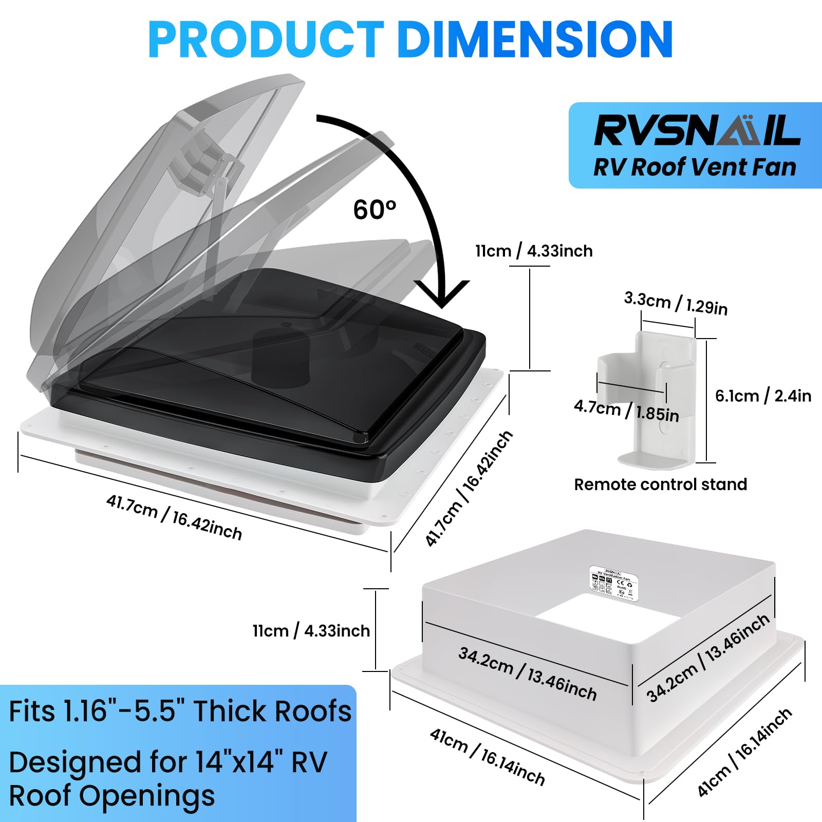 14" RV Roof Vent Fan with 10-Speed Reversible Control - 12V Super Quiet Motor for Camper Trailer Bathroom - Includes Remote, Temperature & Rain Sensor, Removable Screen - Energy Efficient - 3
