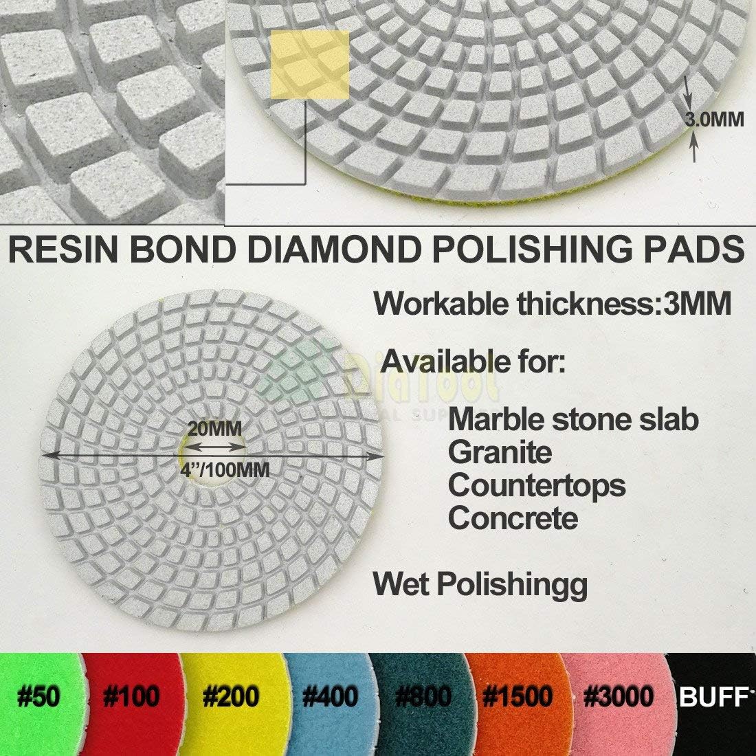 SHDIATOOL Diamond Polishing Pads Kit for Granite Marble Stone Tiles Including 7 Piece Dry Pads Plus 8 Pieces Wet Pads Plus 2 Kinds Backer