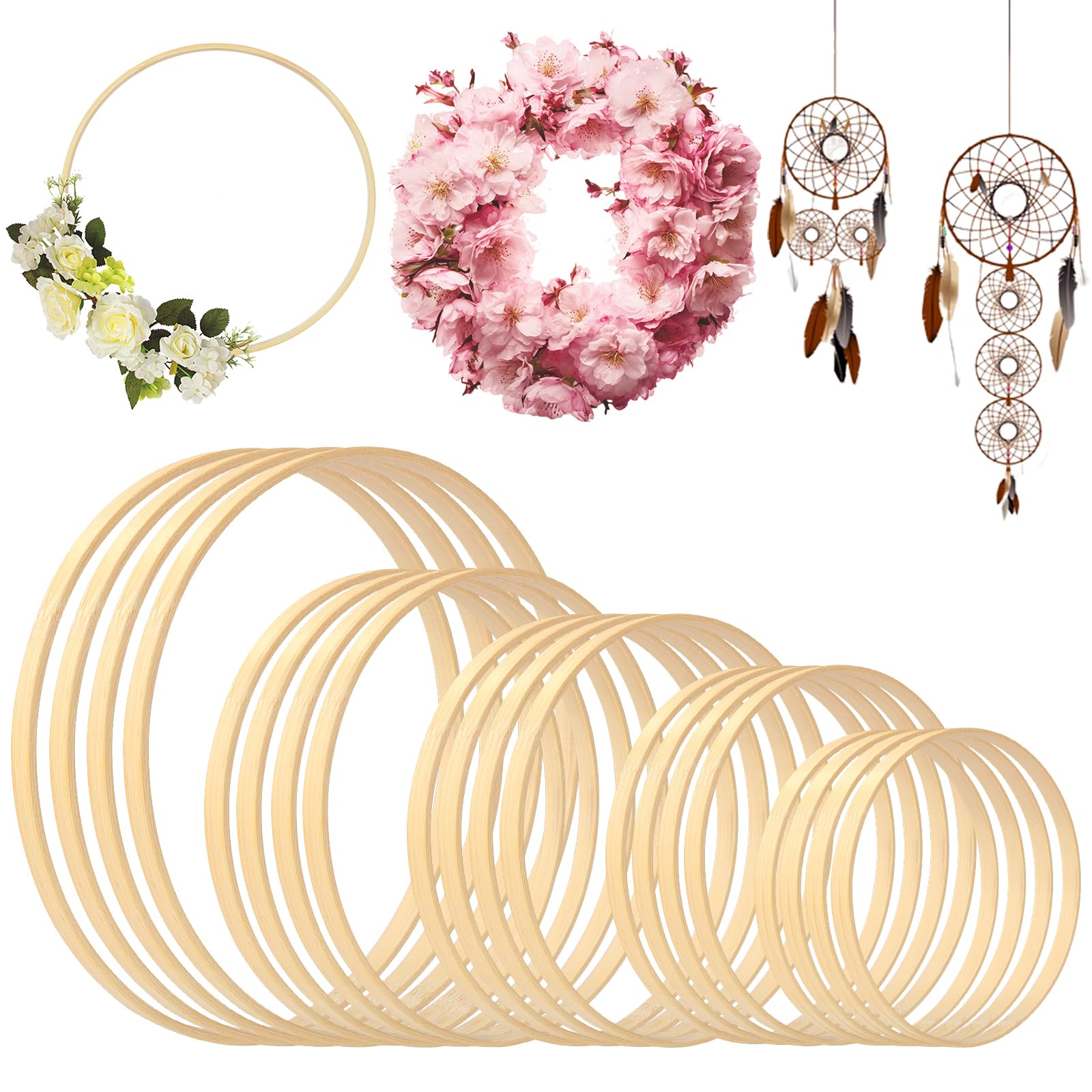 Lot De 21 Cercles Bois Attrape Rêves 7 Tailles - Anneaux Bambou Pour DIY Couronnes & Décoration