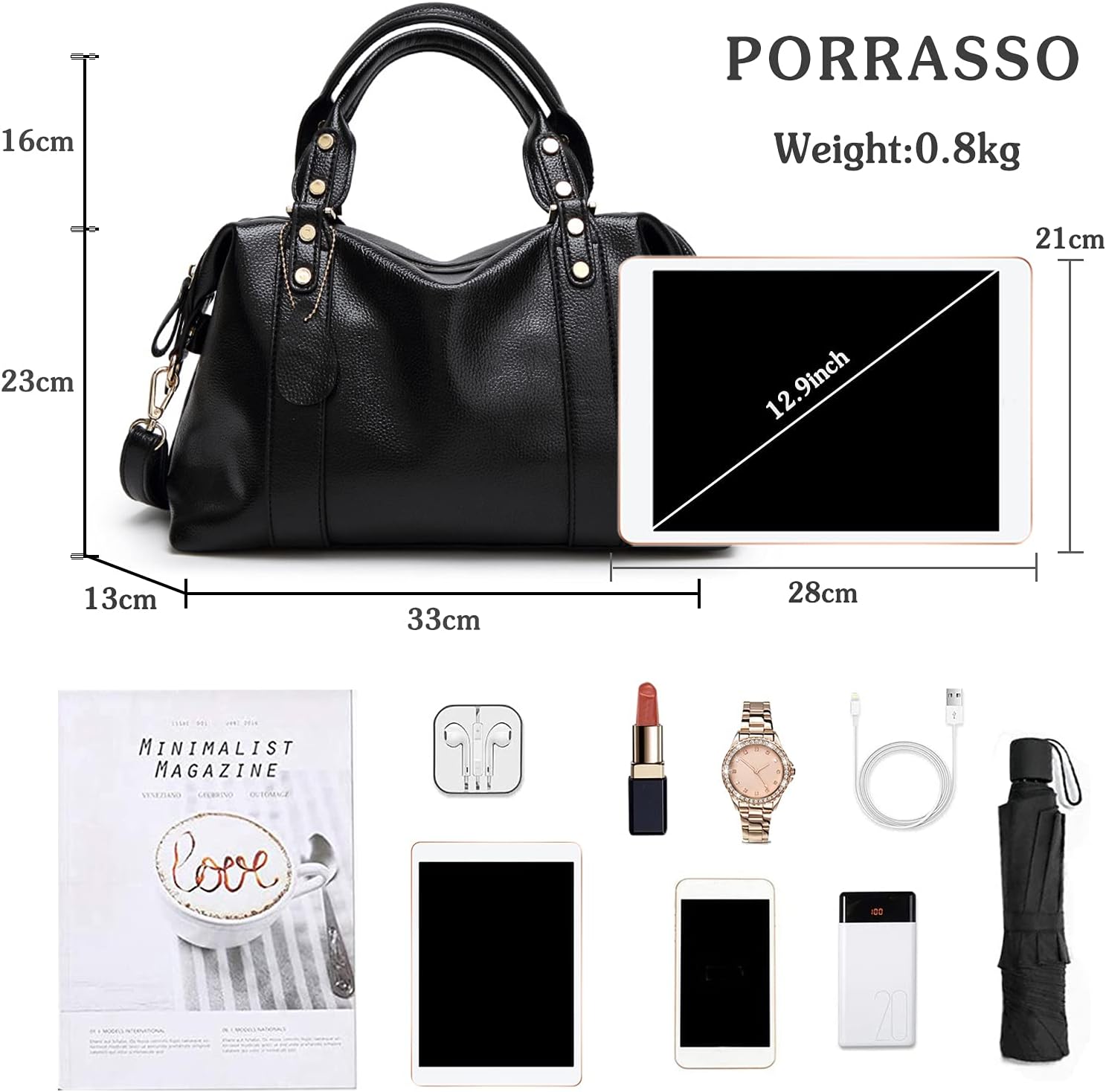 PORRASSO Elegant Ladies Shoulder Crossbody Top-Handle Work Travel Dating Boston Bag - Waterproof PU Leather Black - Image 4