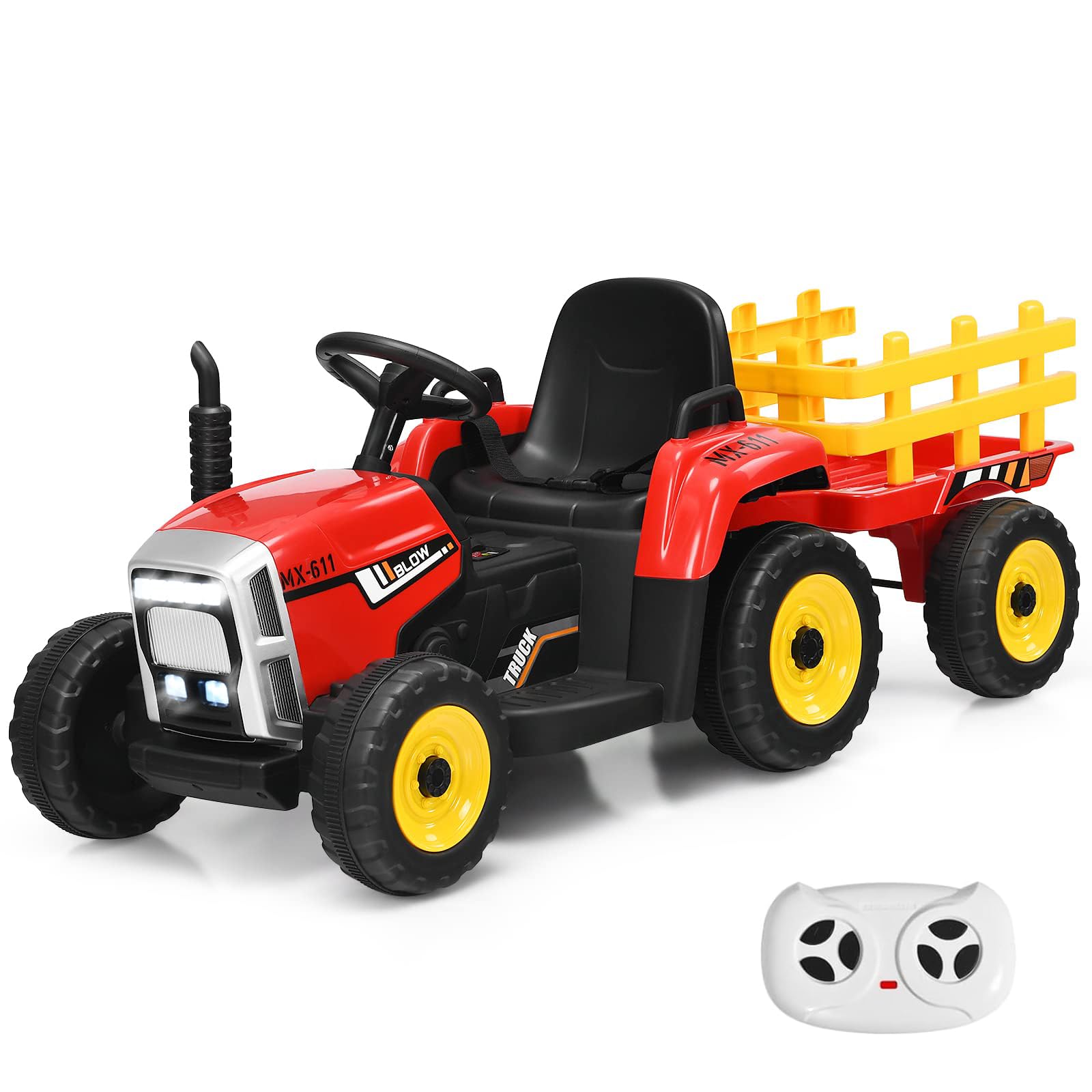 Maxmass Kids Ride on Tractor and Trailer, 12V Battery Powered Ride on Toy Car with Remote Control, USB, Bluetooth, Music, Horn, Electric Vehicle Construction Car for 3+ Years Old (Red)