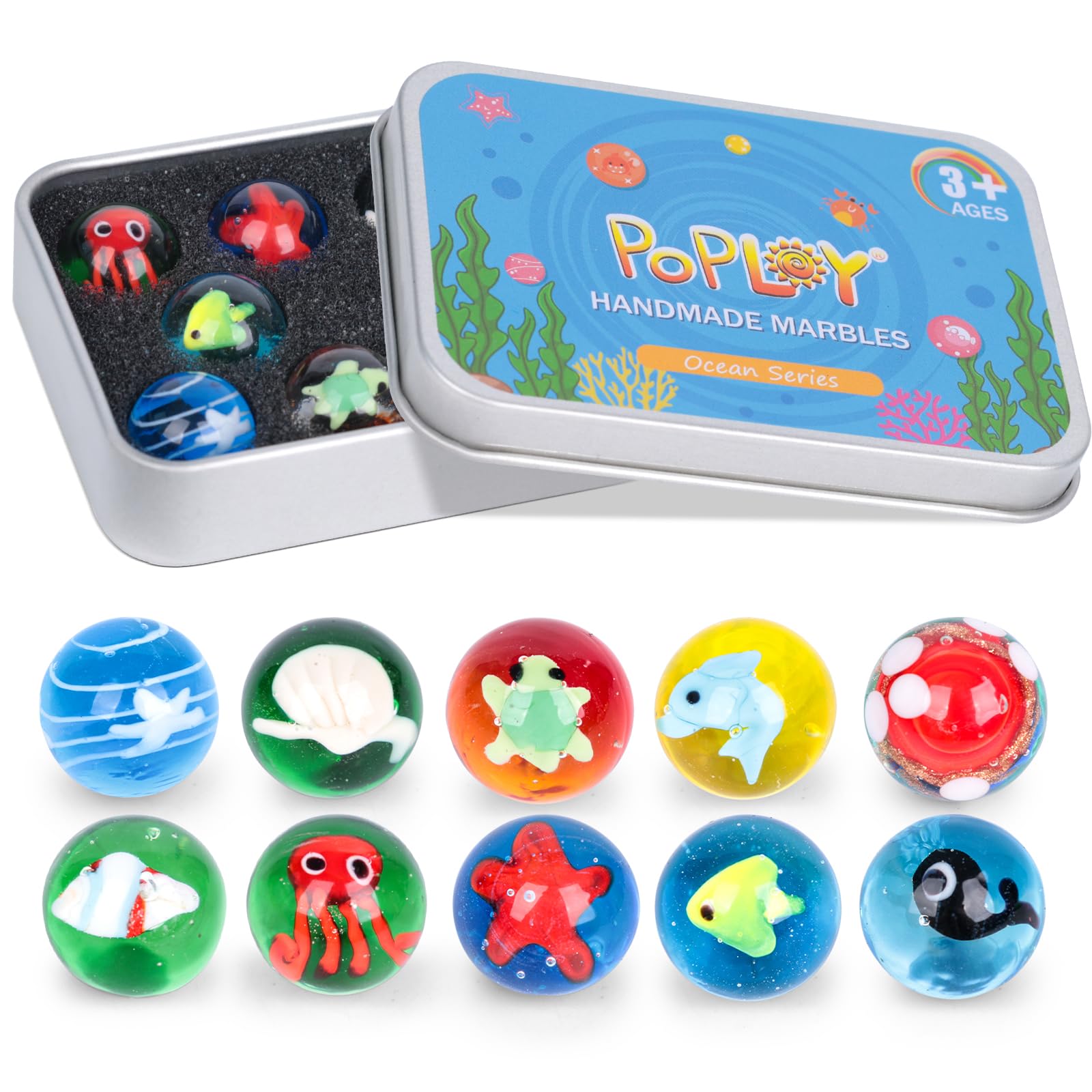 POPLAY 10PCS Colorful Handmade Glass Marbles in Tinplate Box for Collectors Kids Marble Runs Gifts