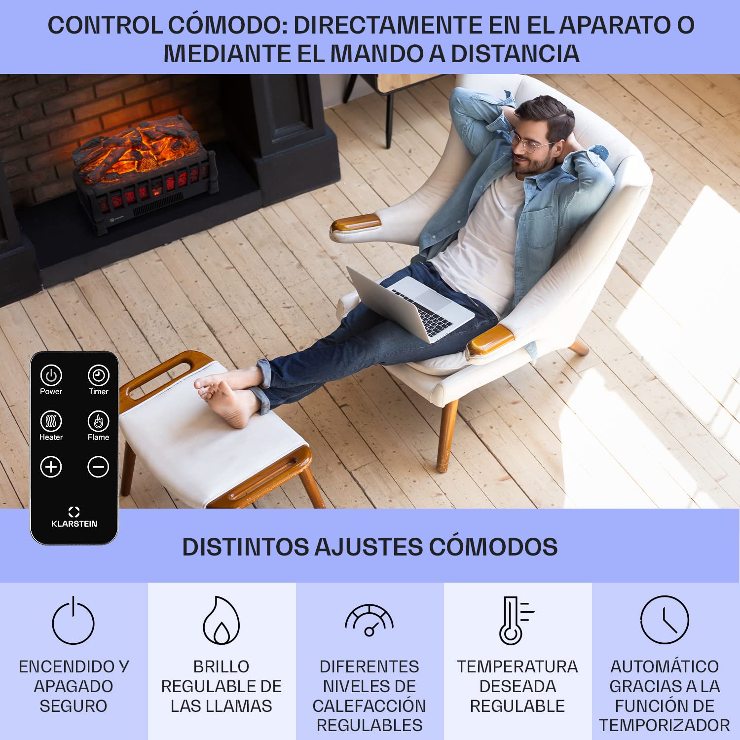 Klarstein Chimenea Electrica de Pie, Estufa sin Leña de Interior, Chimeneas Electricas Decorativas 1800W, Llama LED, Chimenea Decorativa Falsa, Mando a Distancia, Temporizador y Termostato Ajustable