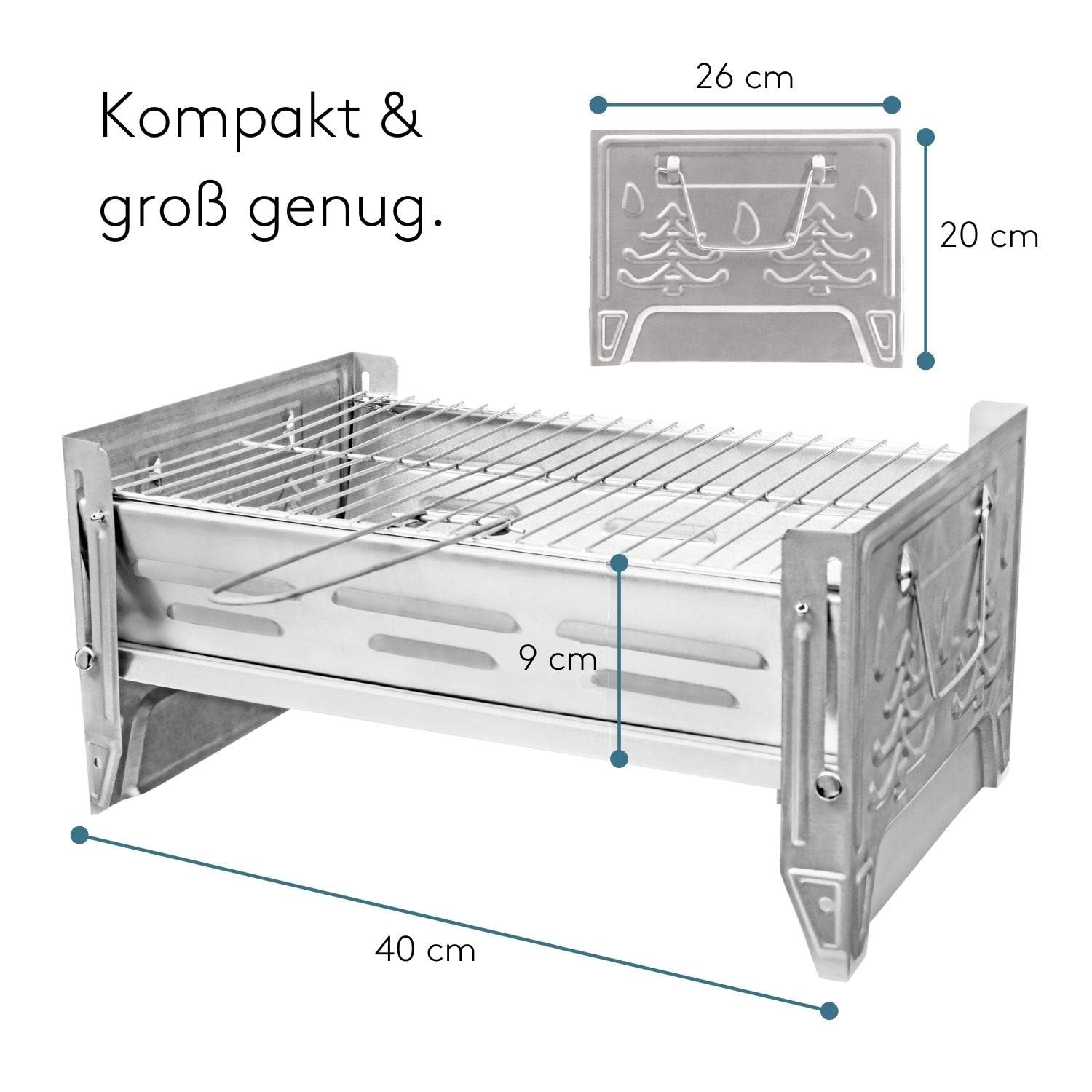 VENTON Grill kempingowy 26,8 x 40,2 x 19,8 cm (dł. x szer. x wys.), składany i mobilny mini grill, praktyczny grill podróżny ze zdejmowanym rusztem, stabilny składany grill ze stali nierdzewnej, przenośny grill outdoorowy