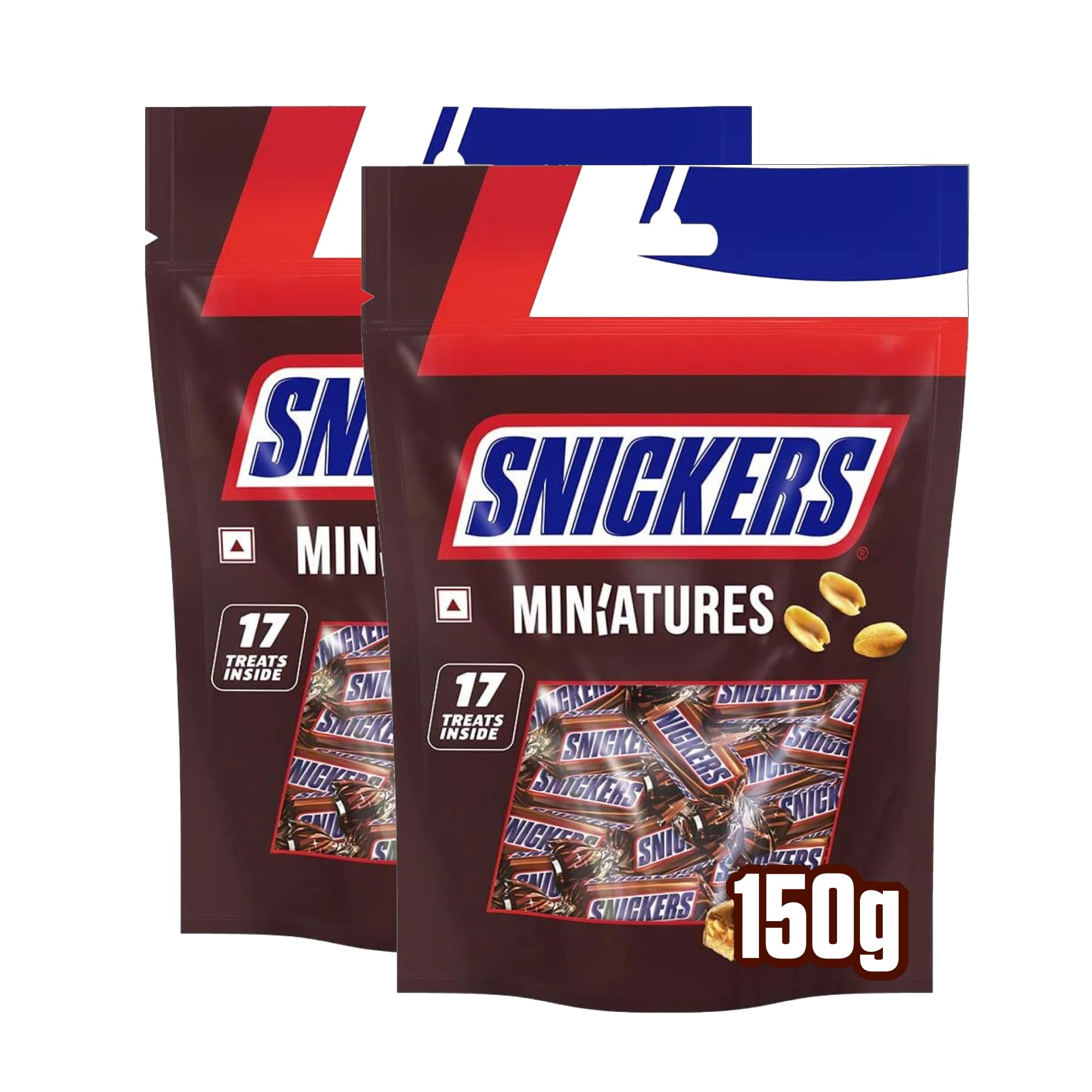 Snickers Miniatures Original Bag, Pack of 2x150g, Chocolate Bag, Milk Chocolate with Roasted Peanuts, Nougat, and Caramel