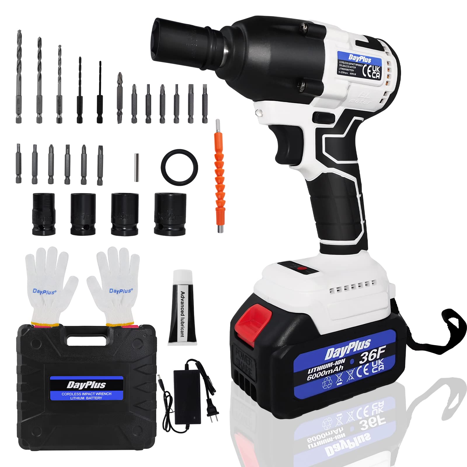 21V Cordless Impact Wrench 1/2 inch, Brushless Compact Impact Wrench for Home and Car, Max Torque 420 N.m, 6.0A Li-ion Battery, 4Pcs Driver Impact Sockets