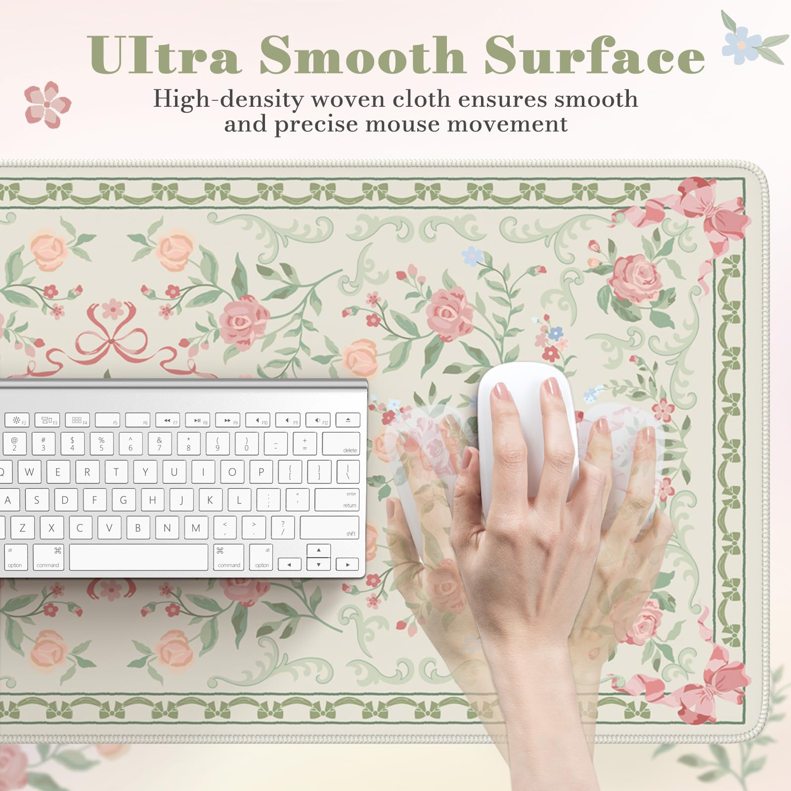 HAOCOO Cute Floral Desk Mat, Large Waterproof Mouse Pad, Girly Desk Matt for Desktop, 35.4" x 15.7" Non-Slip Keyboard Pad, Computer Mat with Stitched Edge, Office Decor Home Desk Accessories (): Green