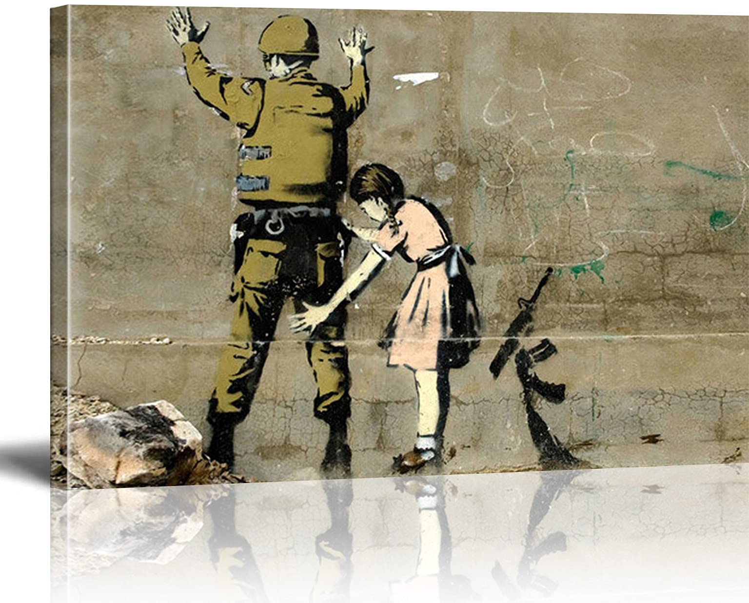MJEDC Banksy Canvas Wall Art Girl and a Soldier Street Graffiti Art Canvas Prints for Living Room Bedroom Home Decorations Modern Stretched Framed Giclee Artwork 20x30cm(7.9x11.8inch)