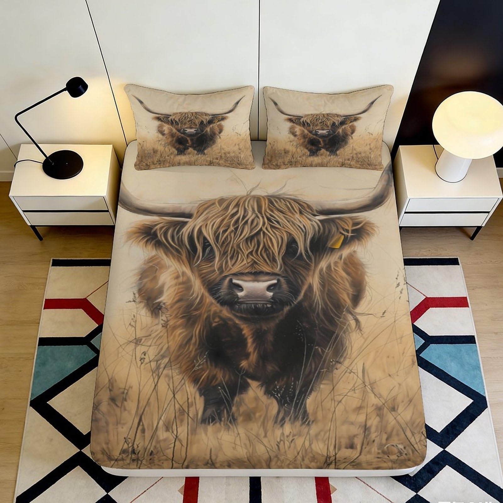 3D Printed Highland Cow Fitted Sheet Microfiber Soft Breathable Brown Cattle Mattress Cover for Bedroom Dorm Decor 90x200x25cm