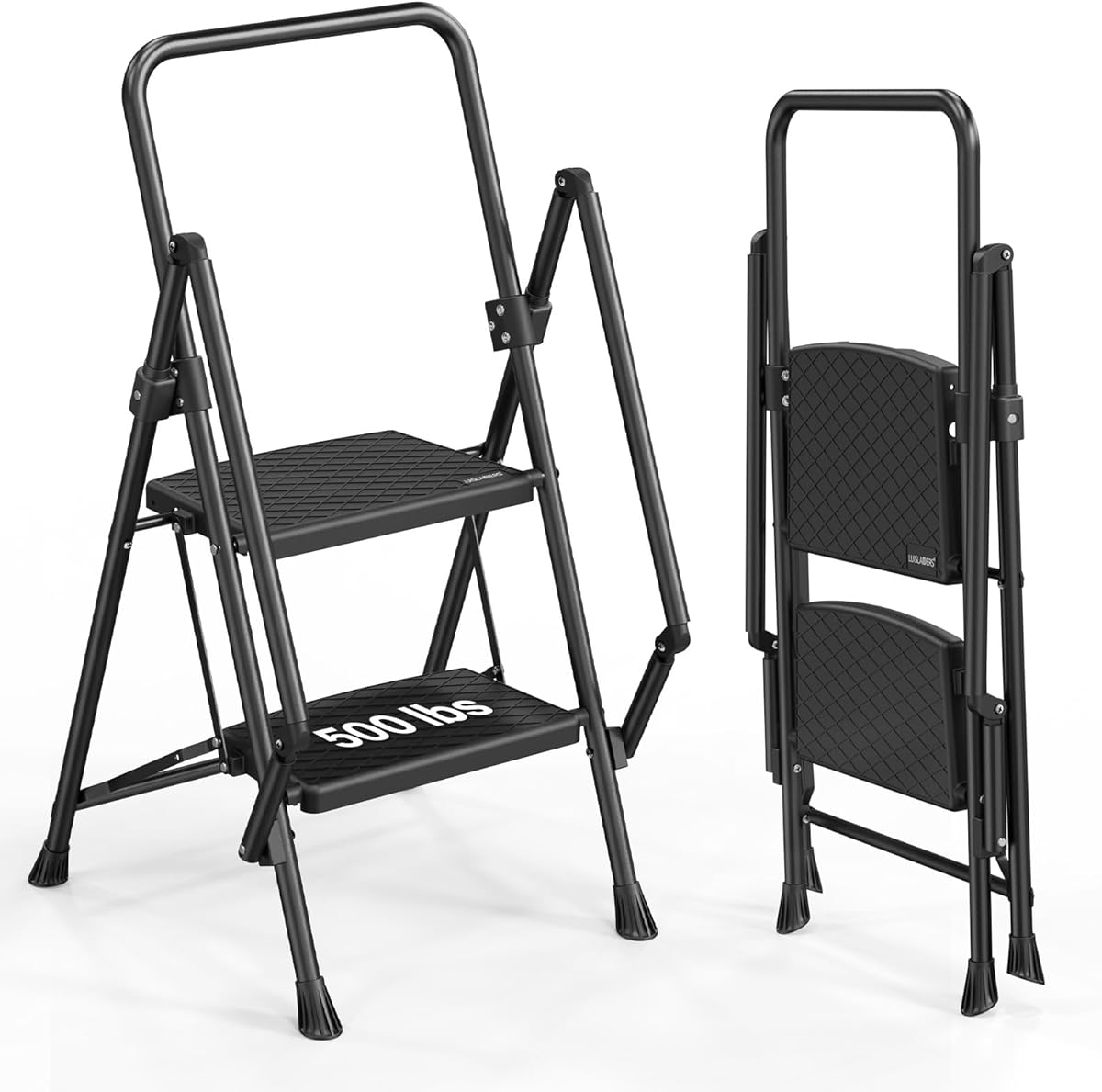 LUISLADDERS 2 Step Ladder with Handrails, Folding Step Stool with Widened Anti-Slip Pedal, 500lbs Lightweight Step Ladder 2 Step Folding, Multi-use for Home Kitchen Pantry Office, Black