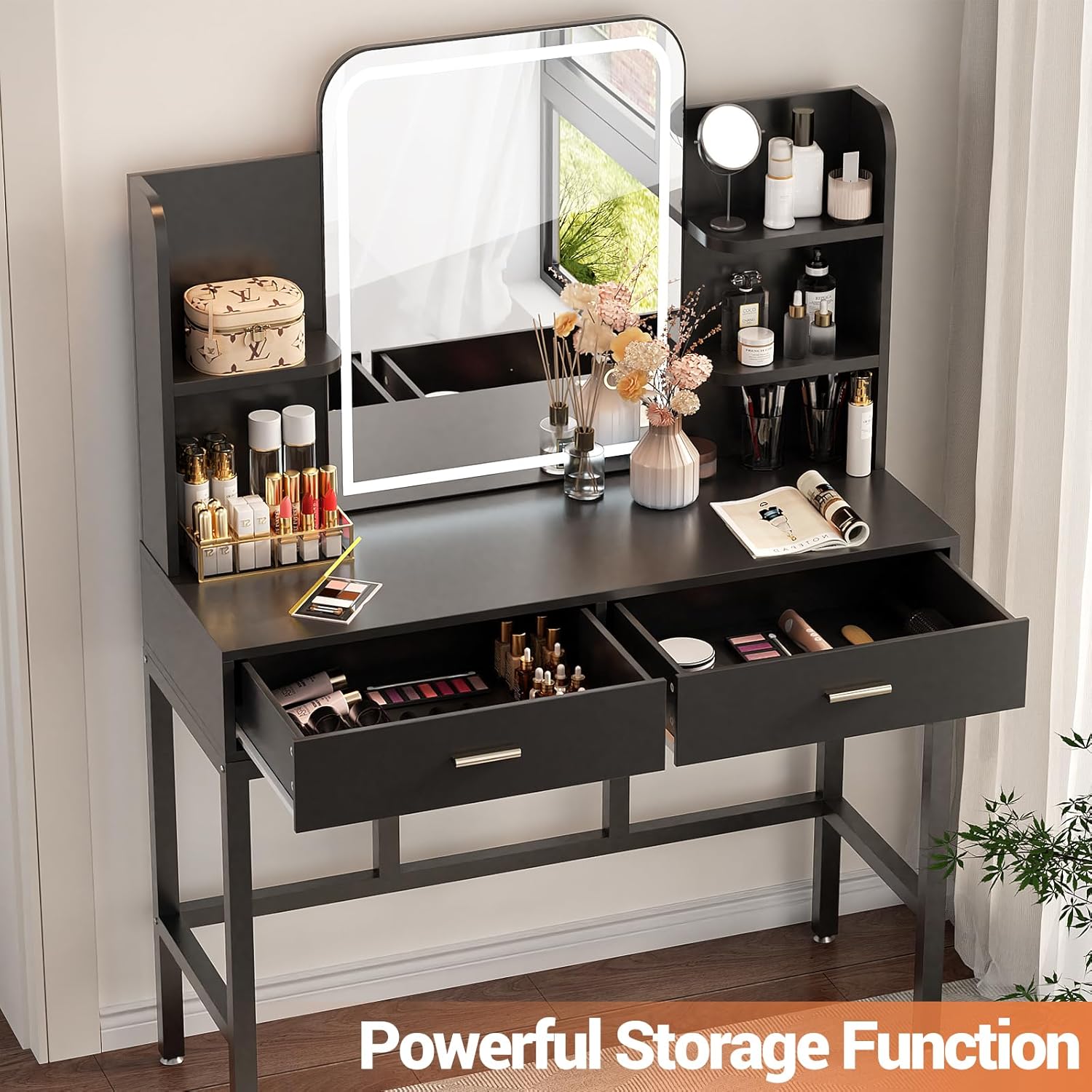 Cyclysio Vanity Desk, Makeup Vanity Desk with Mirrors, Vanity Set with 2 Storage Drawers and Open Shelves, 3 Colors LED Brightness Adjustable Dressing Table, Makeup Desk for Girls and Women, Black