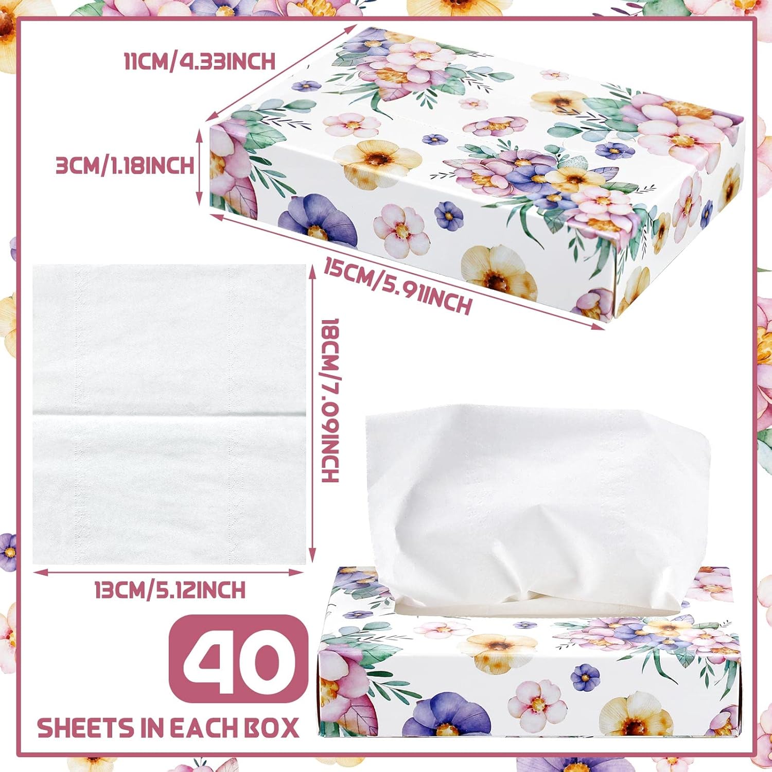 Yinder 24 Packs 960 Sheets Tissue Cube Car Facial Boxes Disposable Facial Travel Tissues Holder Soft Watercolor Boxes 2 Ply 40 Sheets for Wedding Household Car Kitchen Bathroom(Flower)