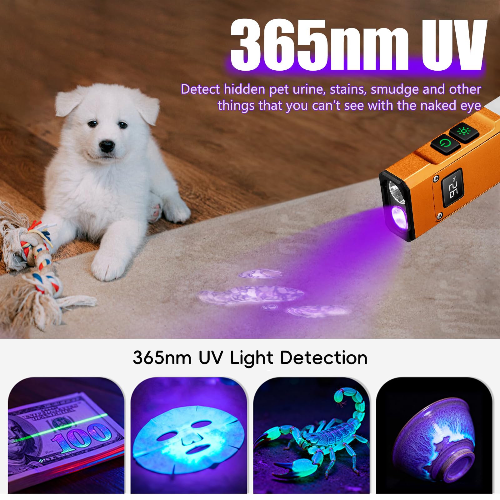 Linterna EDC recargable, linterna plana de 1800 lúmenes, 9 modos con modos LED blancos, UV/RGB, luces de bolsillo magnéticas con clip para camping, emergencia, reparación, detección de orina de