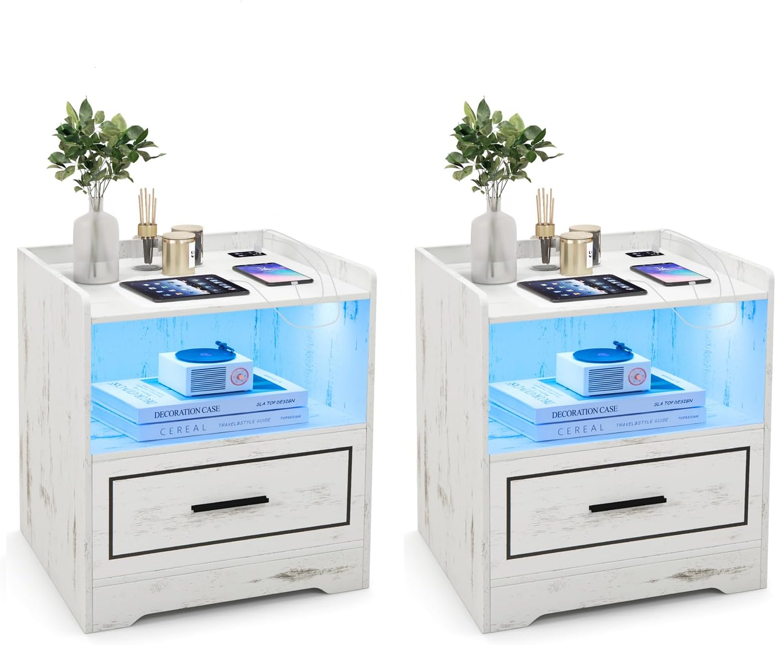 COSTWAY LED Bedside Table, Smart Nightstand Sofa Side Table with Charging Station, Human Body Induction, Drawer and Storage Shelf, Wooden Bedside Cabinet End Table for Living Room Bedroom (2, White)