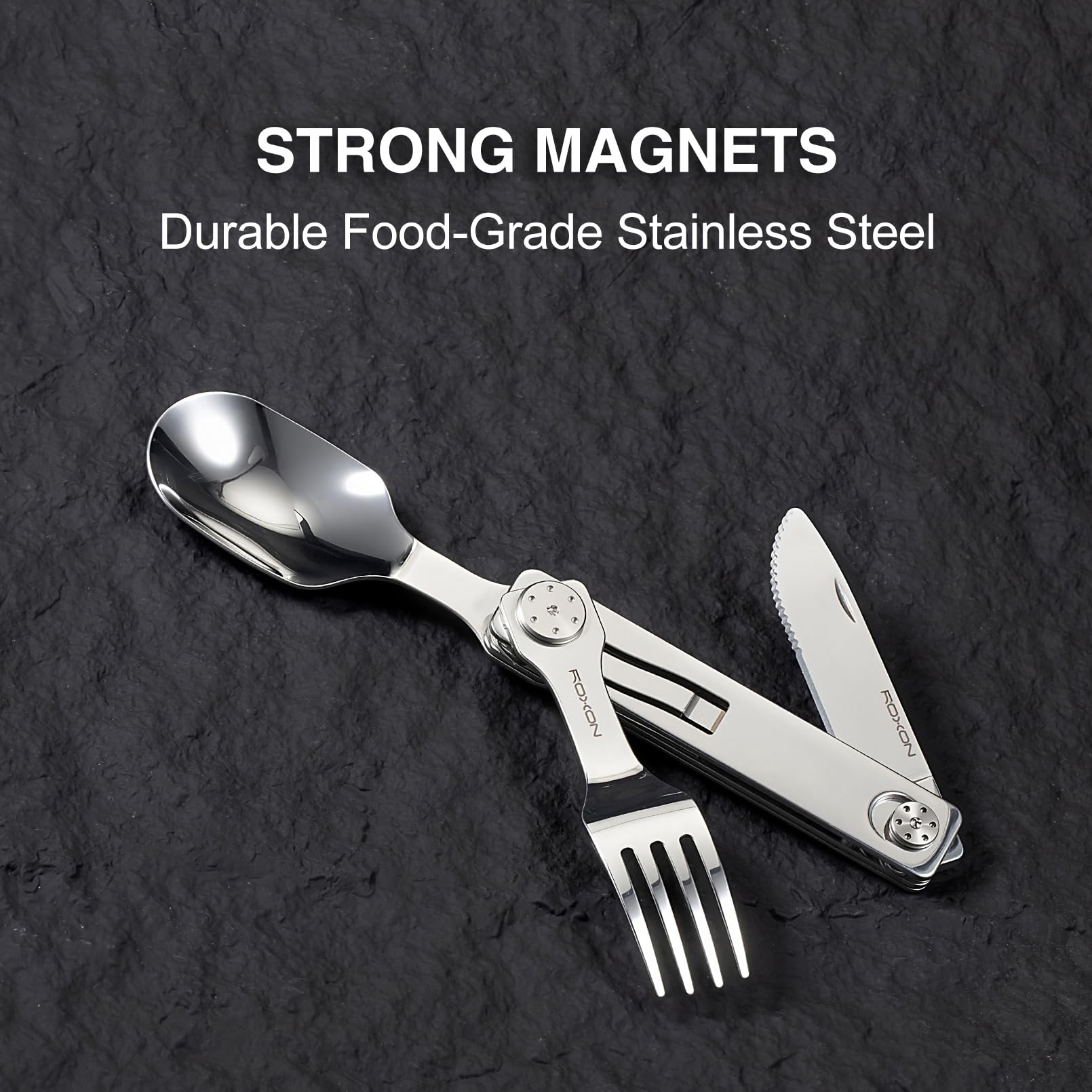 ROXON 3-in-1 C1S Magnetic Folding Stainless Steel Camping Besteck Set | Knife Spoons Fork EDC Portable Lightweight Cutlery for Hiking Backpacking Travel Lunchbox Outdoor geschirr Essentials