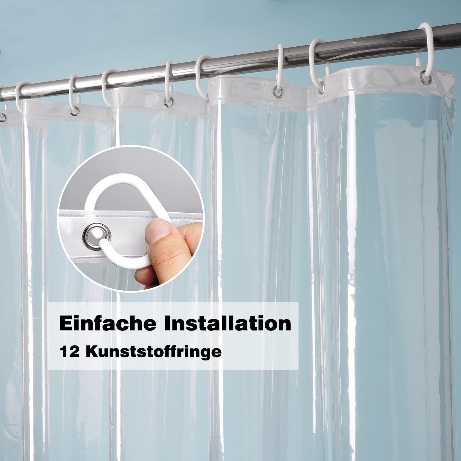 EurCross Cortina de ducha transparente, 180 x 200 cm, con 5 imanes inferiores para bañera, antimoho, impermeable, cortina de ducha de plástico PEVA para baño con 12 ganchos