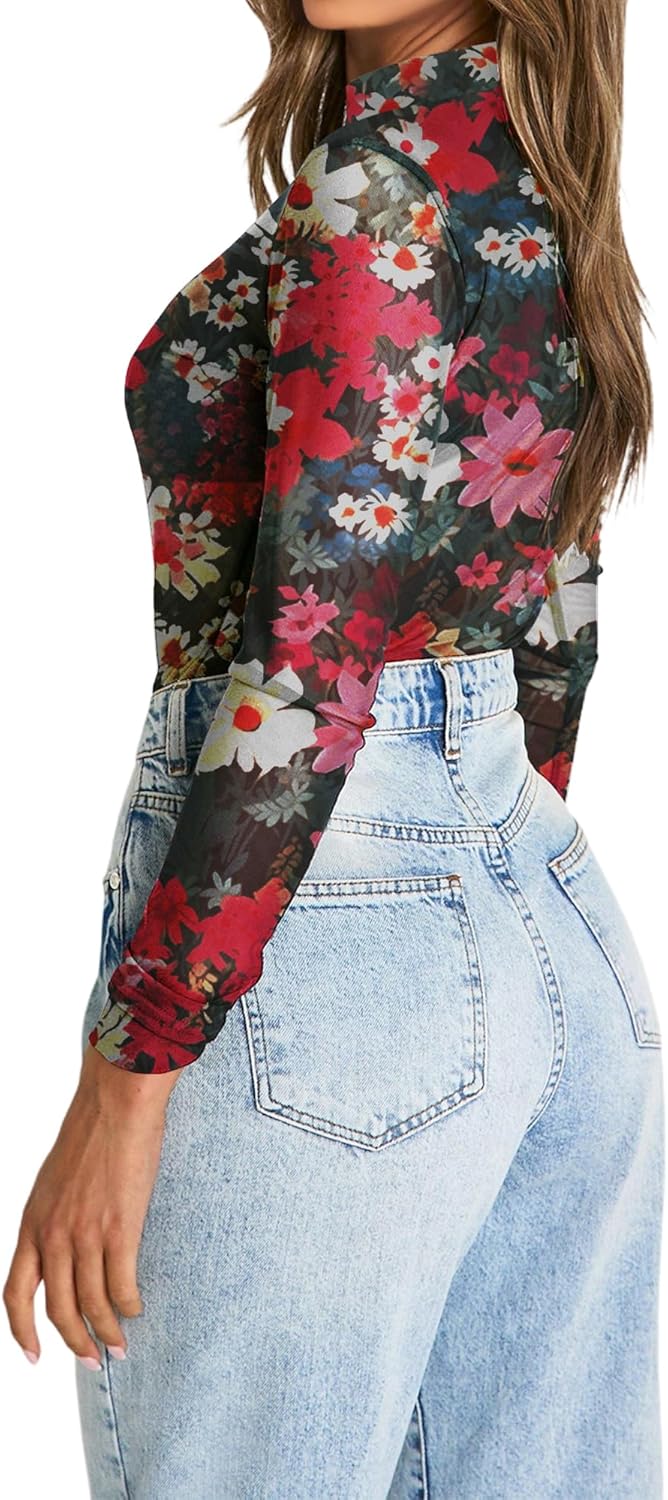MAYFASEY Women's Floral Mesh Long Sleeve Top Mock Neck See Through Sheer Blouses Shirt Fitted Sexy Going Out Tops - Image 3