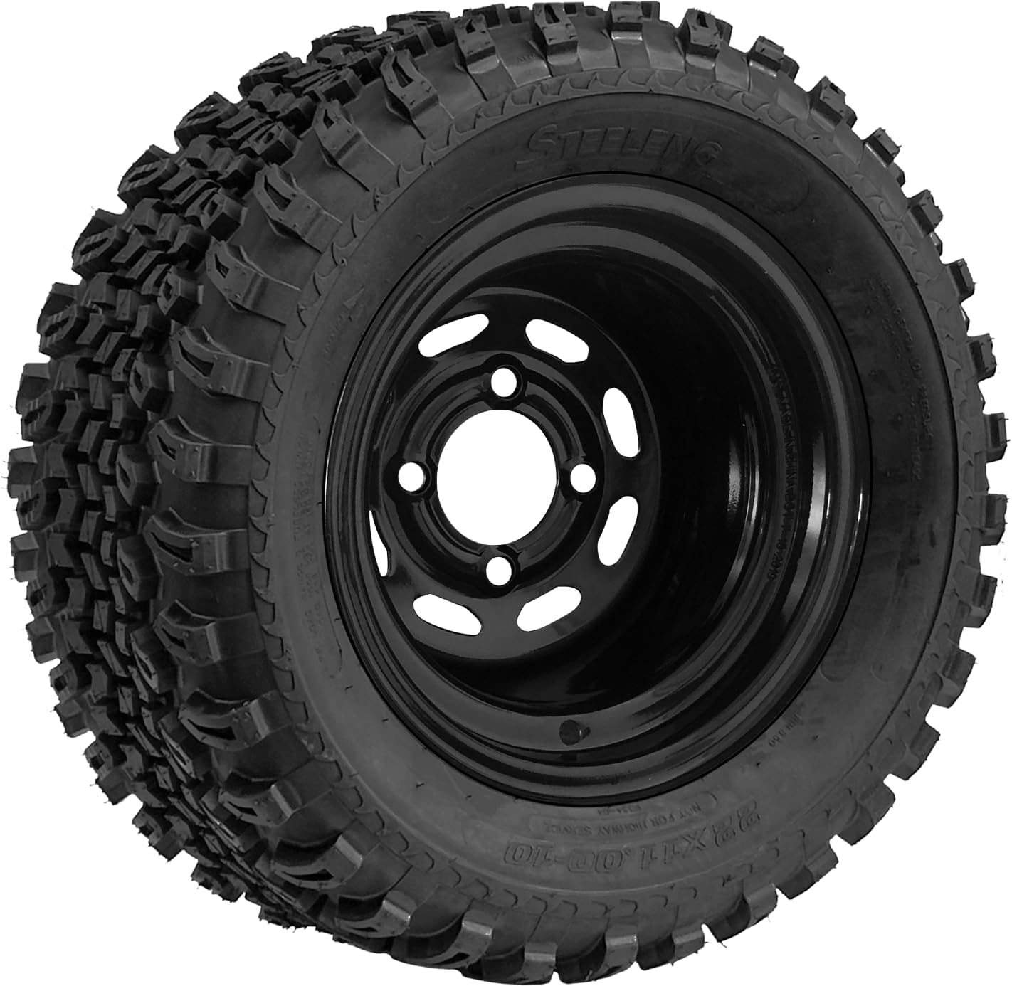 SGC Steel Golf Cart Wheels and All Terrain Tires, 10" Wheels with 22x11-10 Tires, 4-Hole Bolt Pattern, 1000lbs Load Capacity, Black