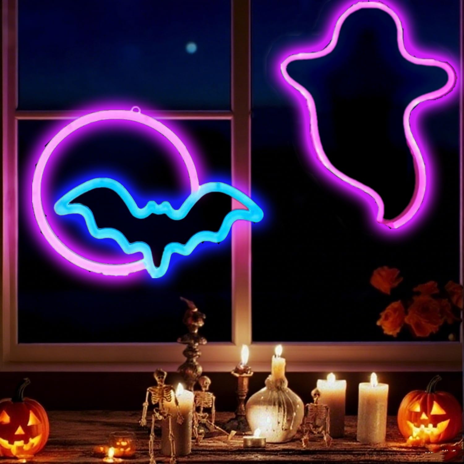 HFHungkeong LED Halloween Window Light Hanging Decorations USB or 3x AA Battery Powered Halloween Bat Ghost Neon Lights Sign,Light up Halloween Banner for Bedroom Living Room Bar Party Dorm Office