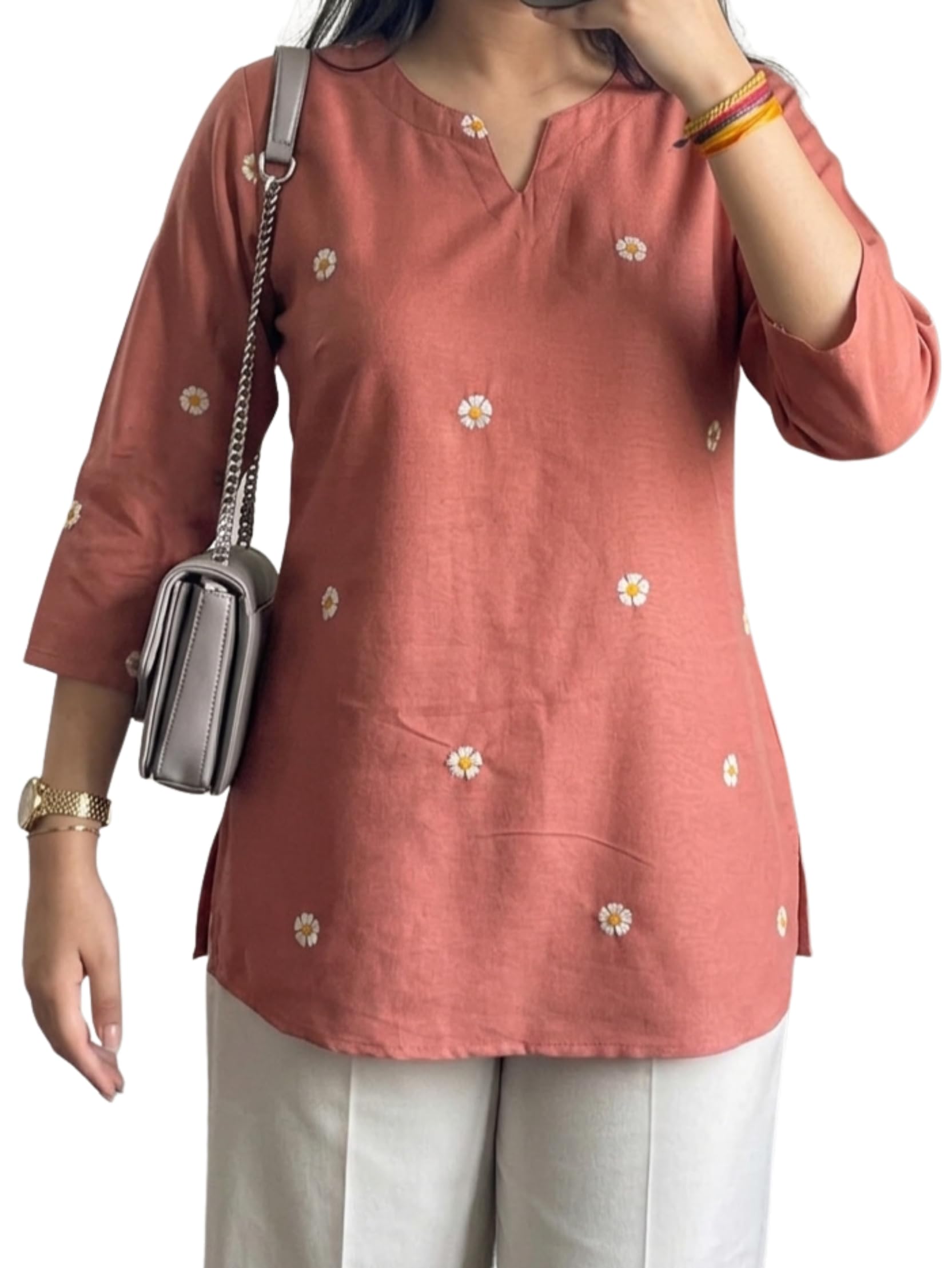 lazuri boutique Women Peach Embroidered Cotton Short Kurti | Casual Office & College Kurti Top for Girls-picture-11