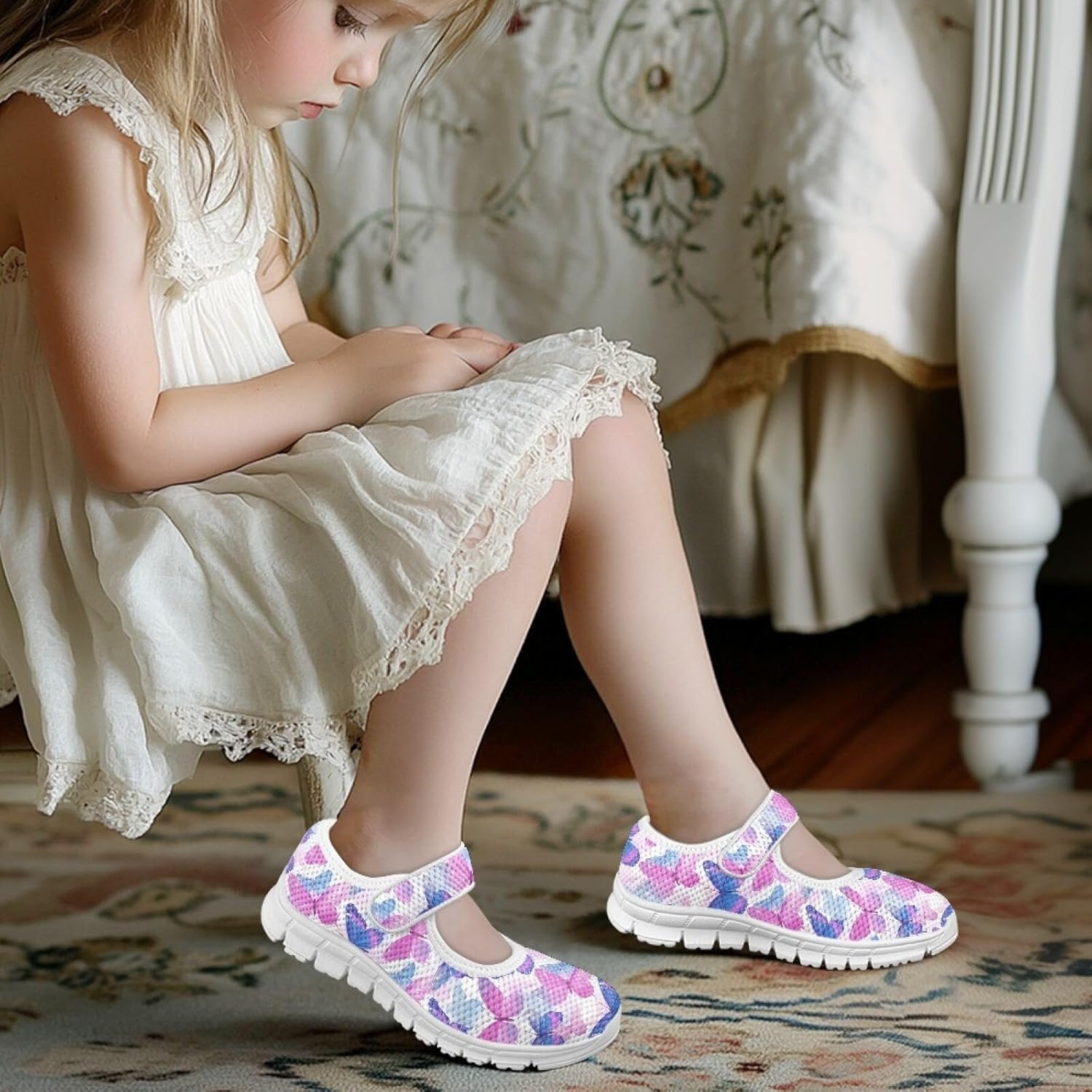 Shoes for Kids Butterfly Safe Walking Cute Graphic Soft and Flexible Shoes with Hook Loop School Footwear Slip-On Ballet Princess Flats for Party Casual Wear Comfy Footwear