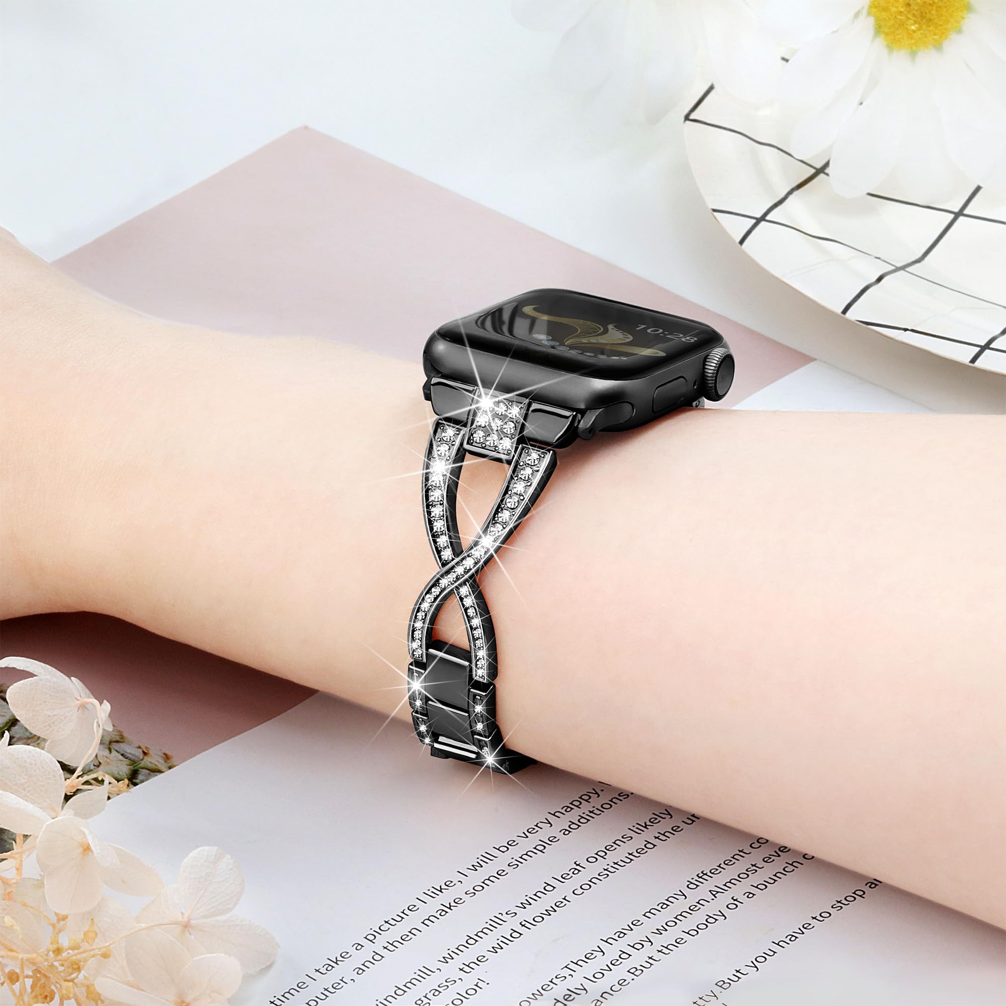Compatible con Apple Watch pulsera de 46 mm, 45 mm, 44 mm, 42 mm, 49 mm, elegante pulsera de metal Bling iWatch para Apple Watch SE Series 10 9 8 7 6 5 4 3 Ultra 2/1, banda brillante para mujer