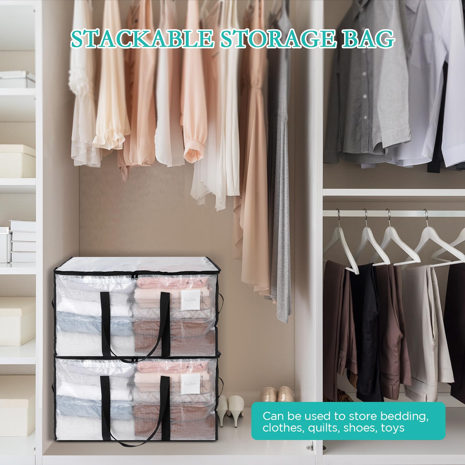 AiQInu 2 Piezas Bolsa Almacenaje 72 L, Impermeable Bolsas Mudanza Grandes Cremallera y Asa, Transparente Bolsa de Almacenamiento Ropa, Cajas Ordenacion Armario para Guardar Ropa Edredones