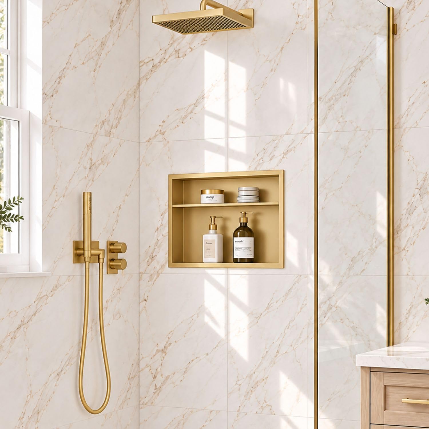 14 x 18 Inch Stainless Steel Shower Niche, No Tile Needed Wall Niche with Double Shelves, Recessed Wall Niche Insert for Bathroom Shower Kitchen Storage, Brush Gold
