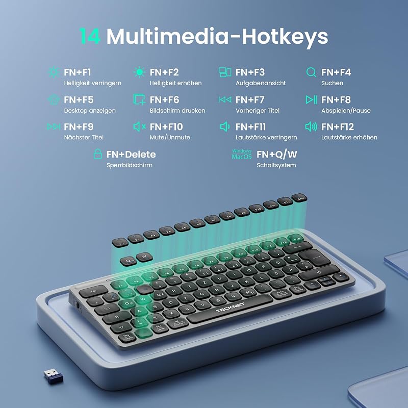 TECKNET Újratölthető Mini Bluetooth Billentyűzet - 3 Eszköz Váltás (2.4G + 2BT), QWERTZ, MacOS/iOS/Windows/Linux/Android Kompatibilis, Szürk