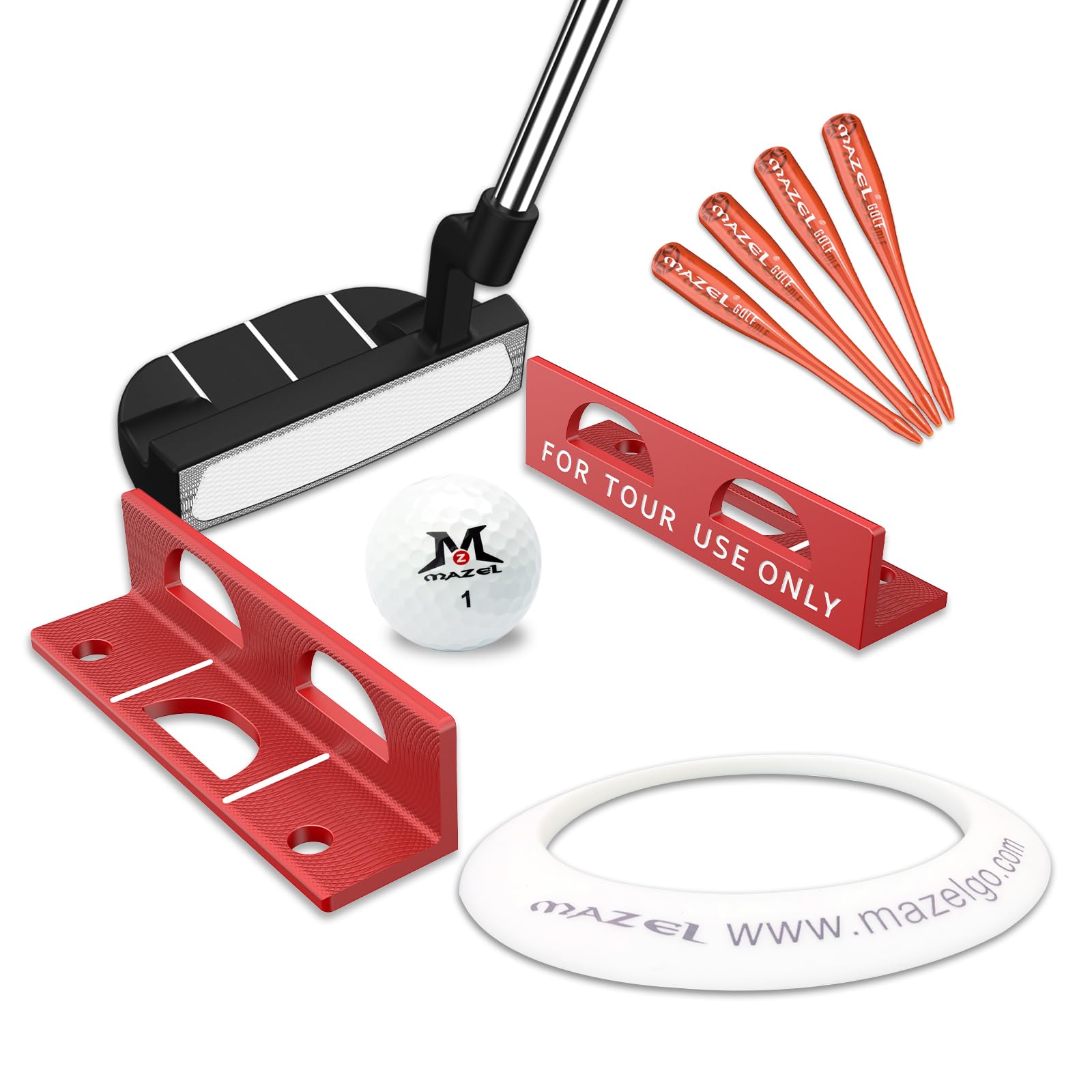 MAZEL Golf Alignment Putting Training Aids Set - Golf Putting Path Tool for Consistency & Accuracy 1 Alumimum Put Gates,1 Rubber Ring & 4 Plastic Tees