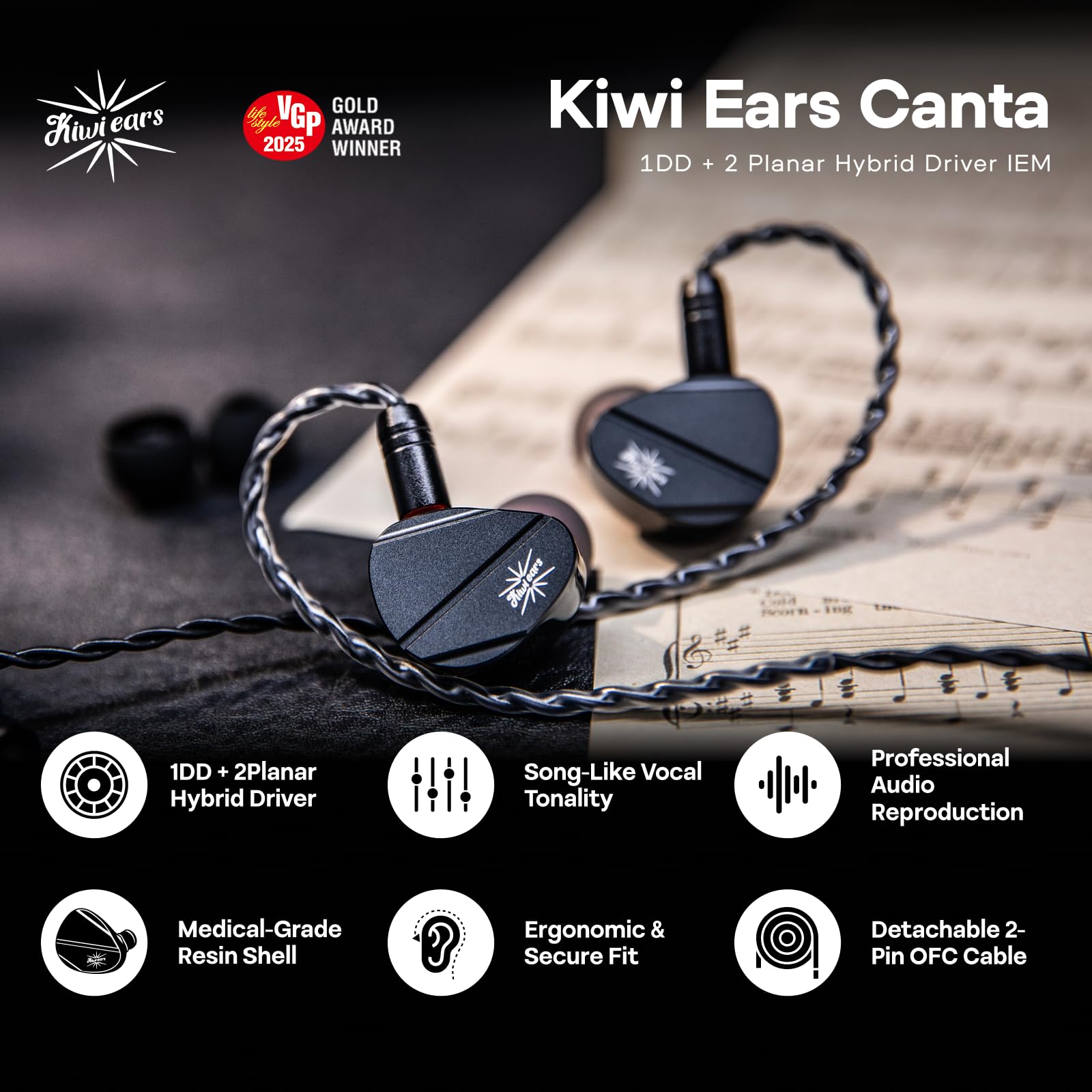 Linsoul Kiwi Ears Canta Ecouteurs Intra-Auriculaires, écouteurs Hybrides 1DD+2Planar, Écouteurs pour Jeu vidéo, Ecouteurs HiFi filaires, avec câble IEM détachable pour Musicien Audiophile