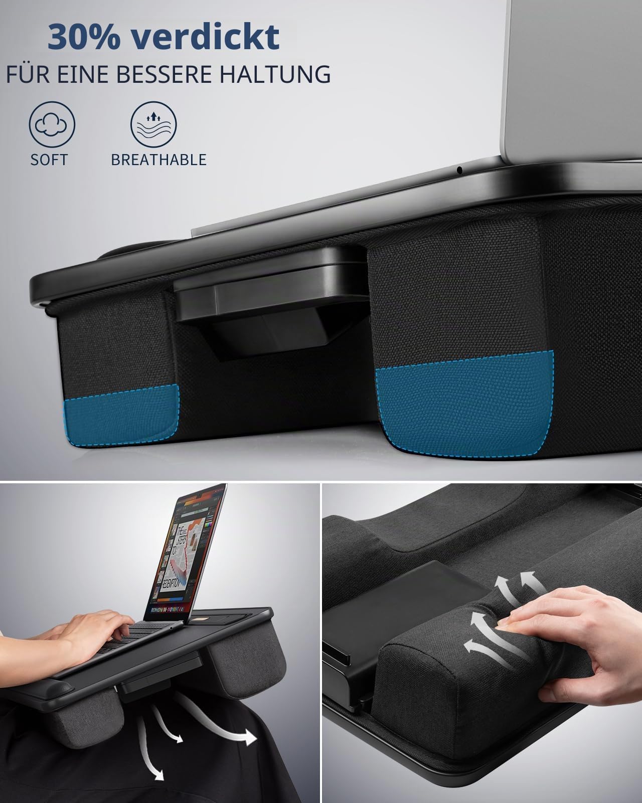 SAIJI laptopkissen mit LED-Licht, 2024 Verbesserter Laptop Ständer Bett -Passend für Laptop & MacBooks bis zu 17", laptoptisch für Couch, Bett, Laptopunterlage mit Kissen, Staufach und Handyhalter