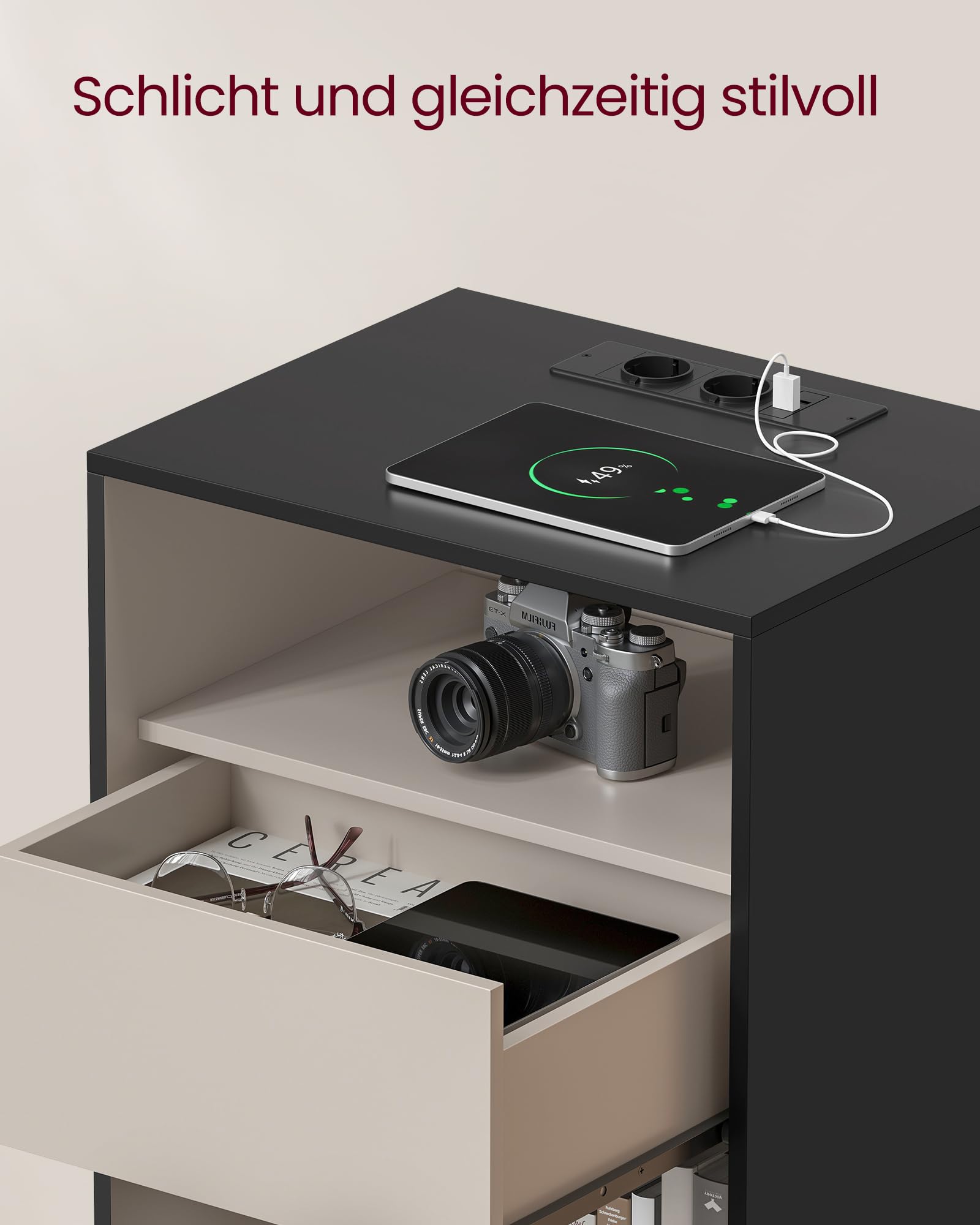 VASAGLE Nachttisch Snapsemble, mit Ladefunktion, mit 1 Schublade | Beistelltisch, Nachtschrank, superschnelle Montage, Schlafzimmer, tintenschwarz-cappuccinobeige, KADIN Kollektion LET777B04