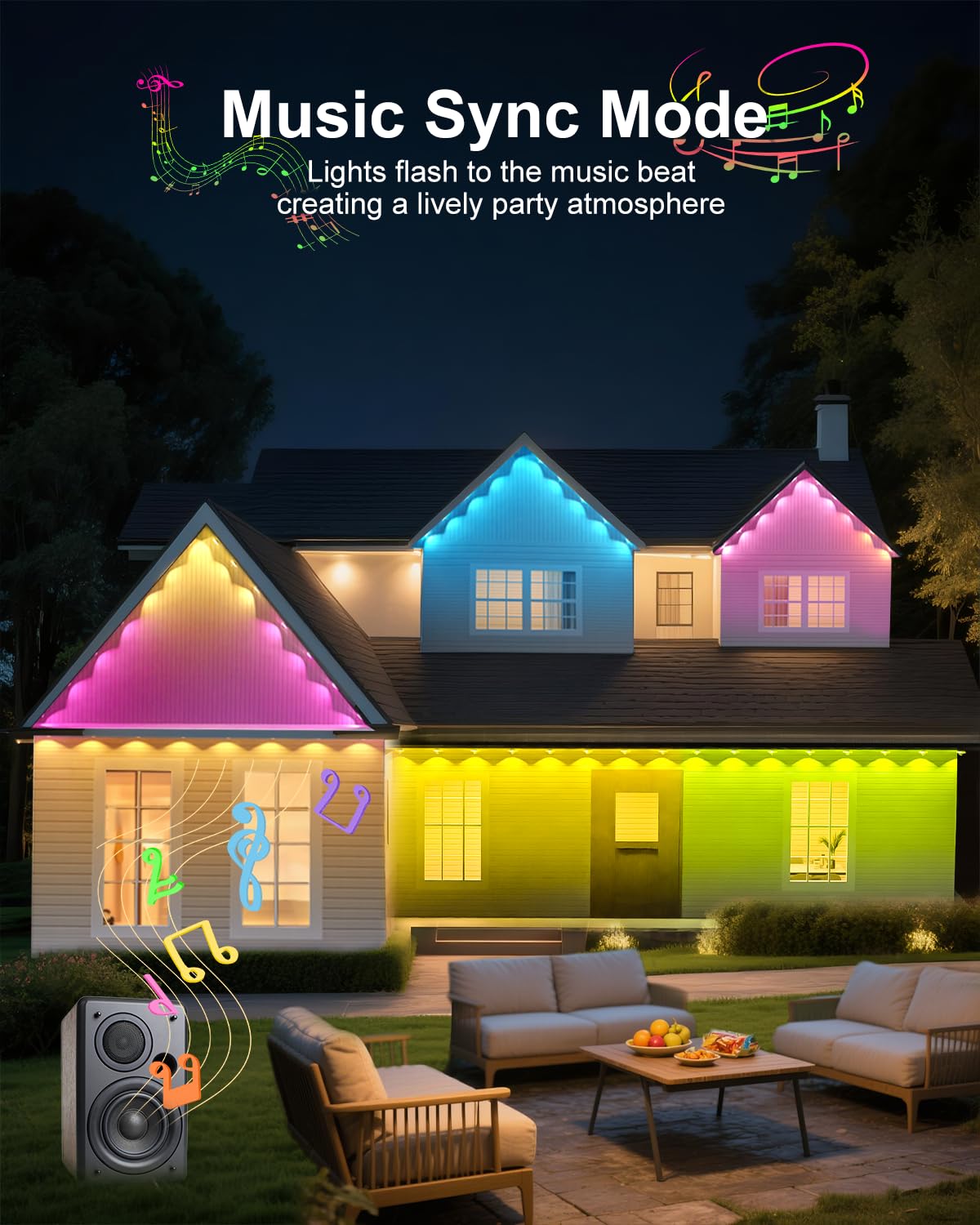 Image highlighting the durability features of the lights, including IP67 waterproof rating, UV resistance, and operating temperature range, shown on a house in rainy weather.