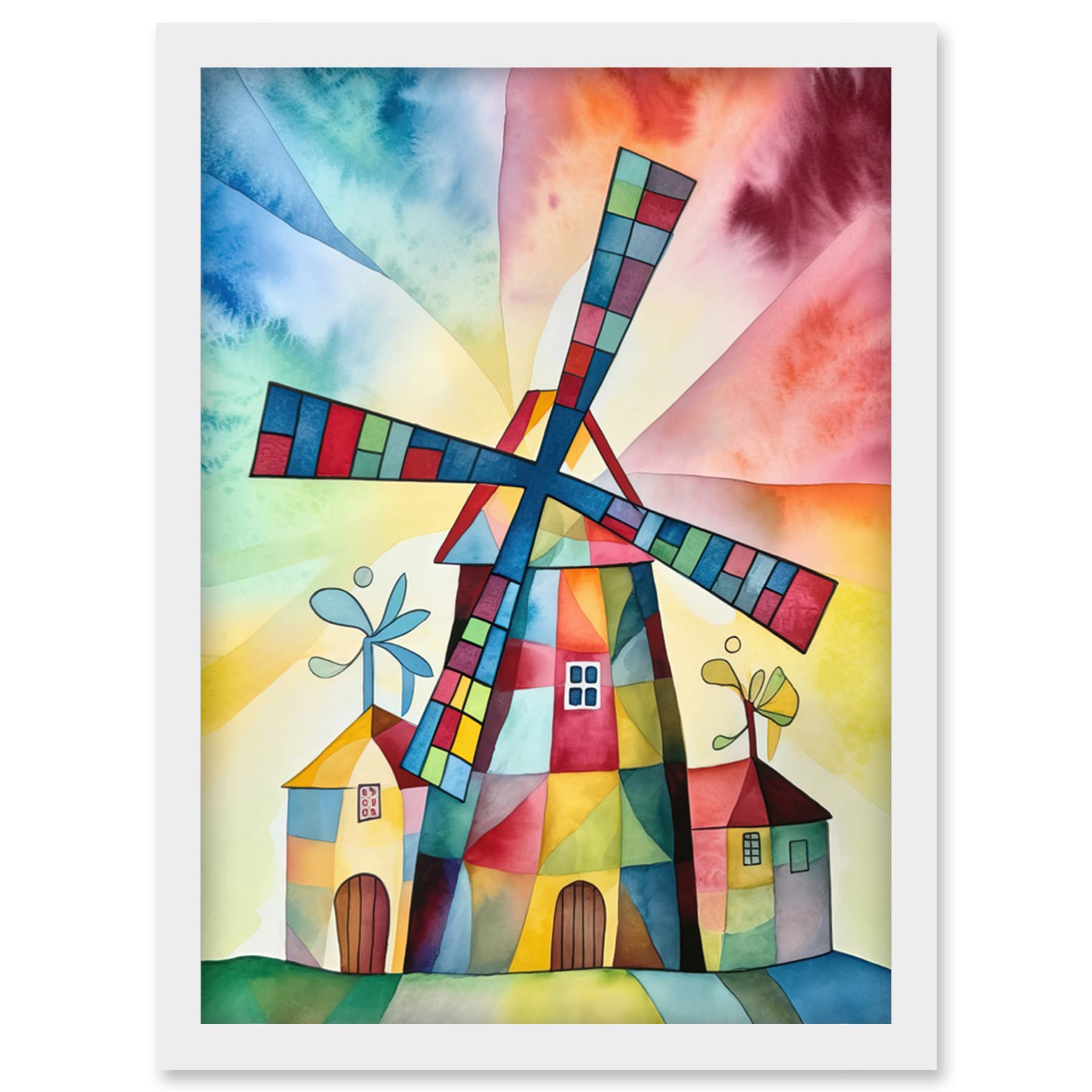 Artery8 Windmill Folk Art Abstract Bright Artwork Framed Wall Art Print A4