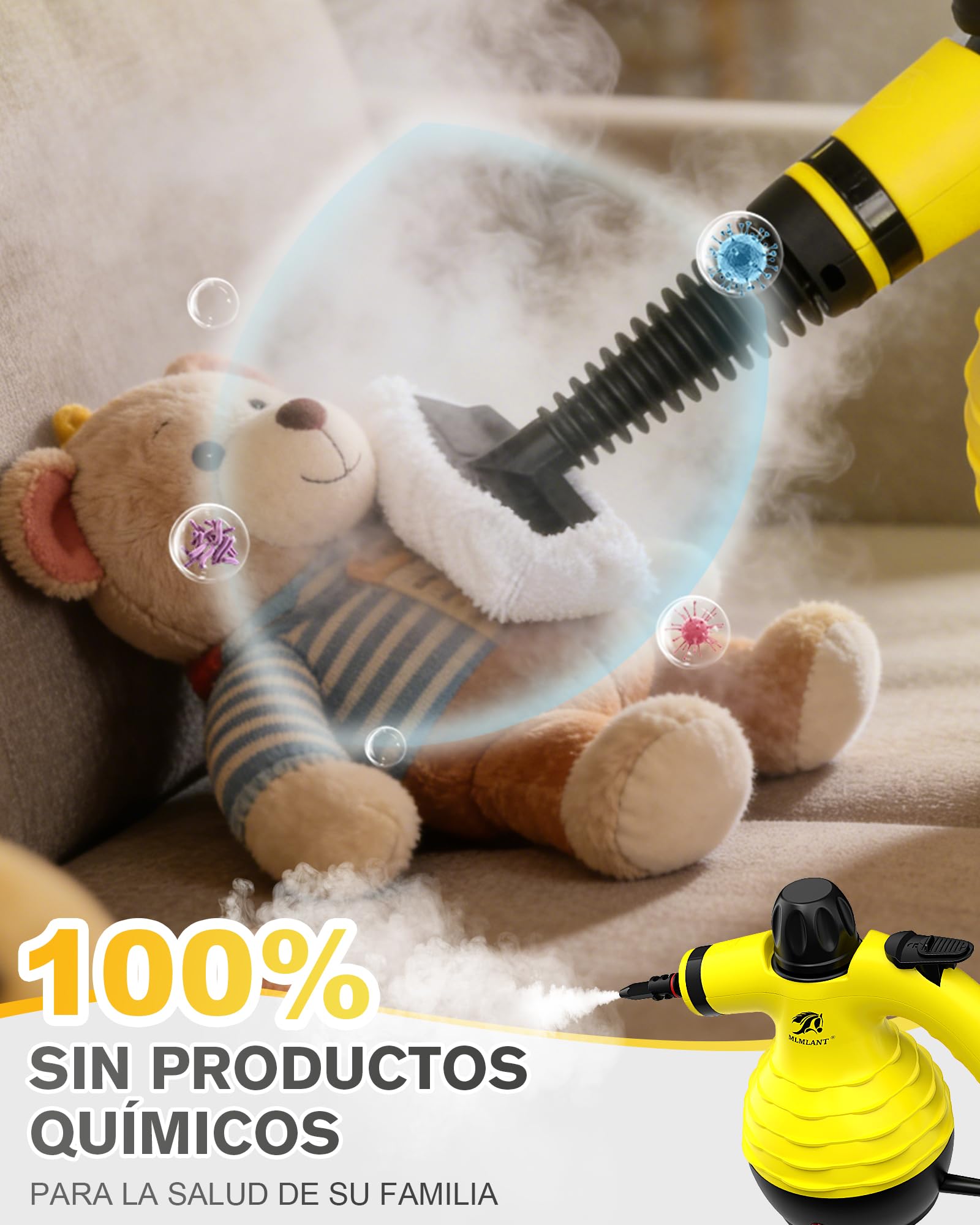MLMLANT Limpiador de vapor, limpiador de vapor multifunción con cierre de seguridad y juego de 9 accesorios, ideal para alfombras, asientos de coche, sofás, tapizados y mucho más