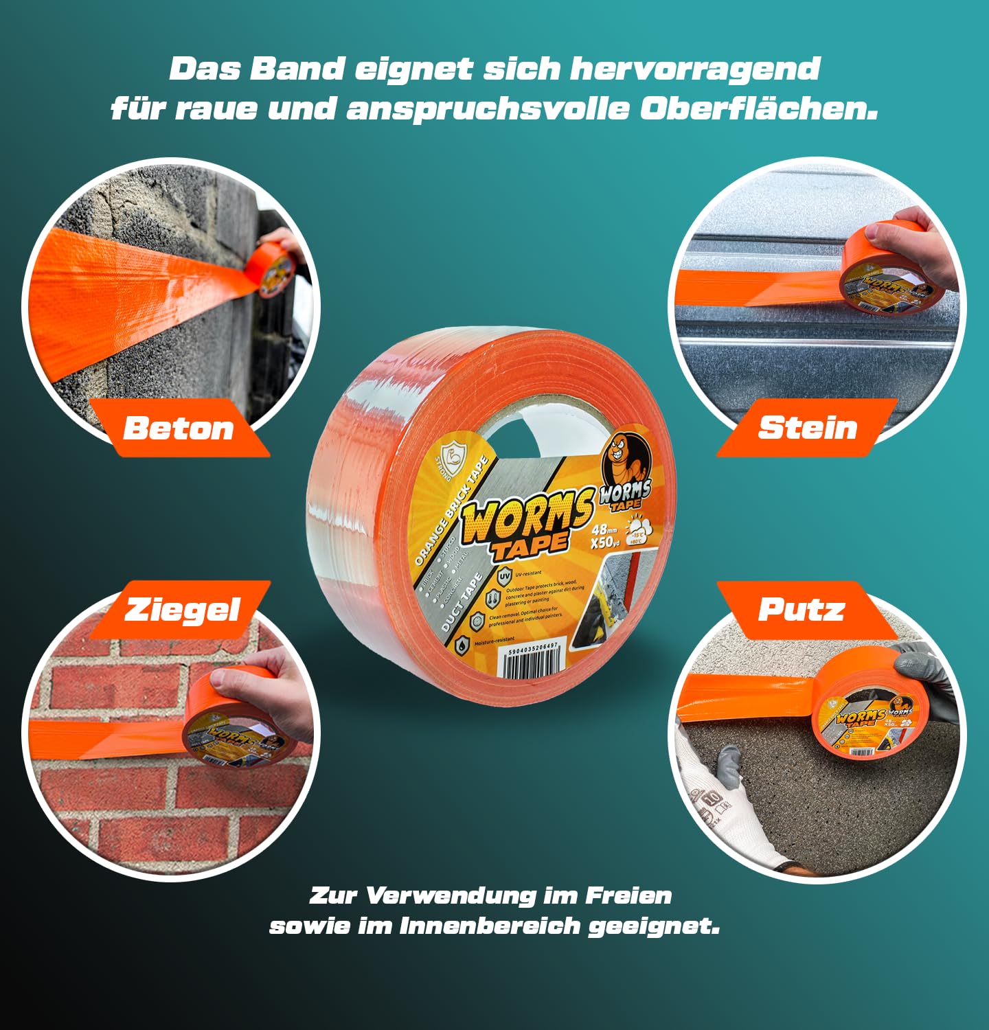 ARPON Profi Putzband 48mm x 50 Yard - Fassadenband für grobe Oberflächen - Klebeband zur Verwendung im Innen- und Außenbereich - Abklebeband UV-beständig - Universal Worms Tape Made in EU