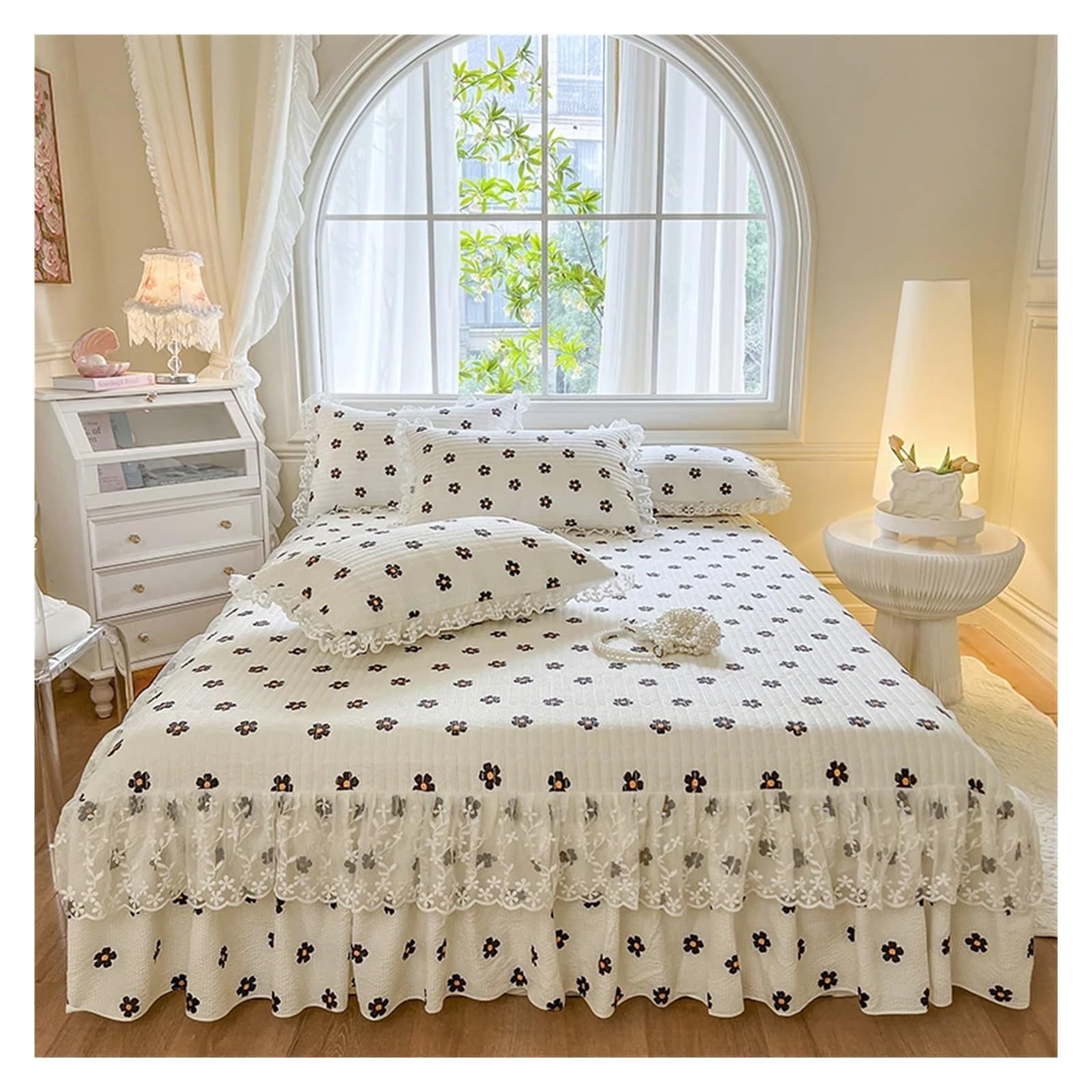 1 Piece Lace Skirt + 2 Piece Pillowcases Bedding Bedspreads Sheet Pink Lace Bedding Set Bed For Cover(01,Queen 180x220cm 3pc)