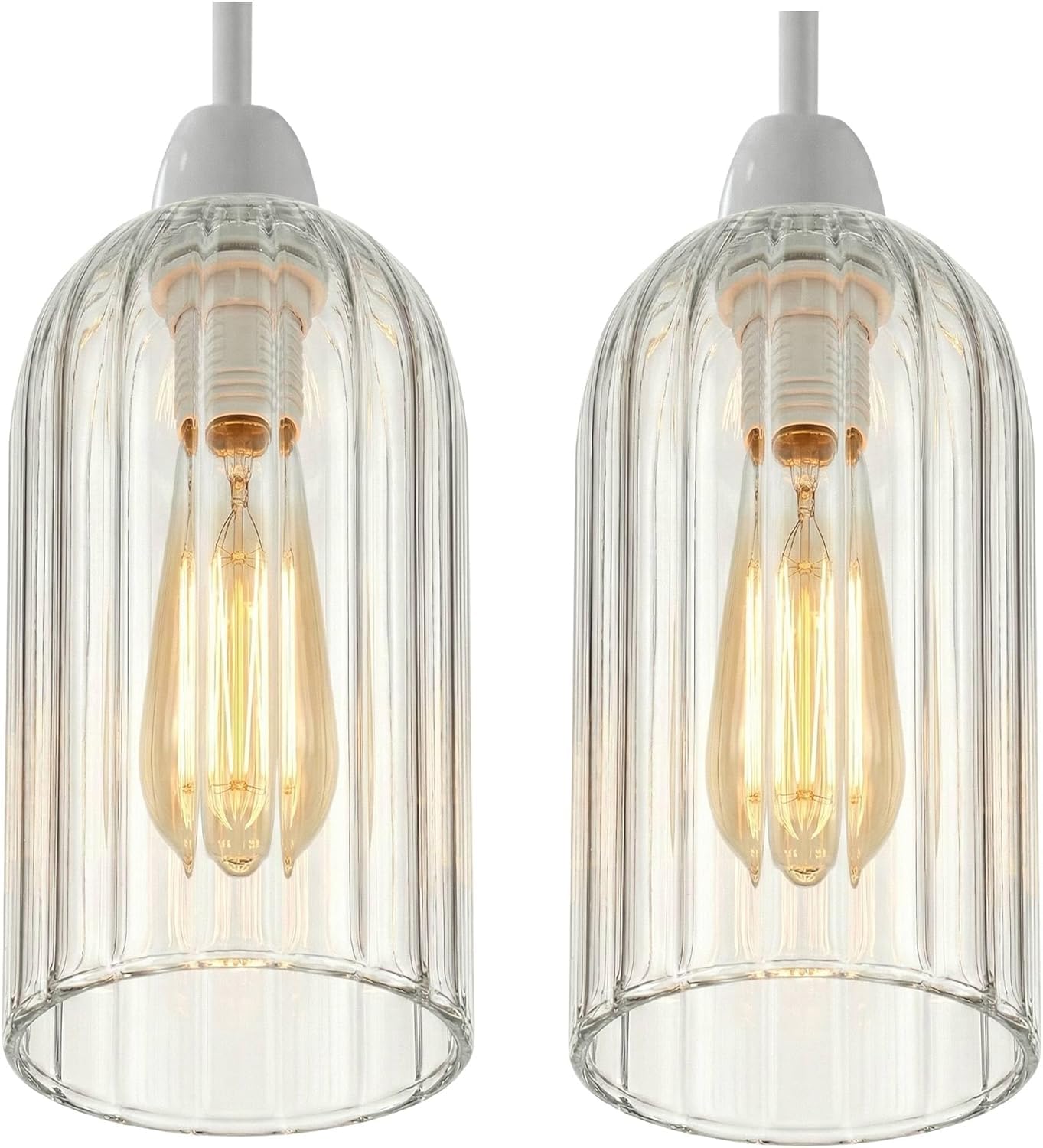 2 Pack Cylinder Glass Lamp Shade 20cm Height x 10cm Diameter, Clear Ribbed Replacement Light Shade for Pendant Ceiling Light, Modern Glass Lampshade for Living Room, Kitchen, Hallway (Style 2)