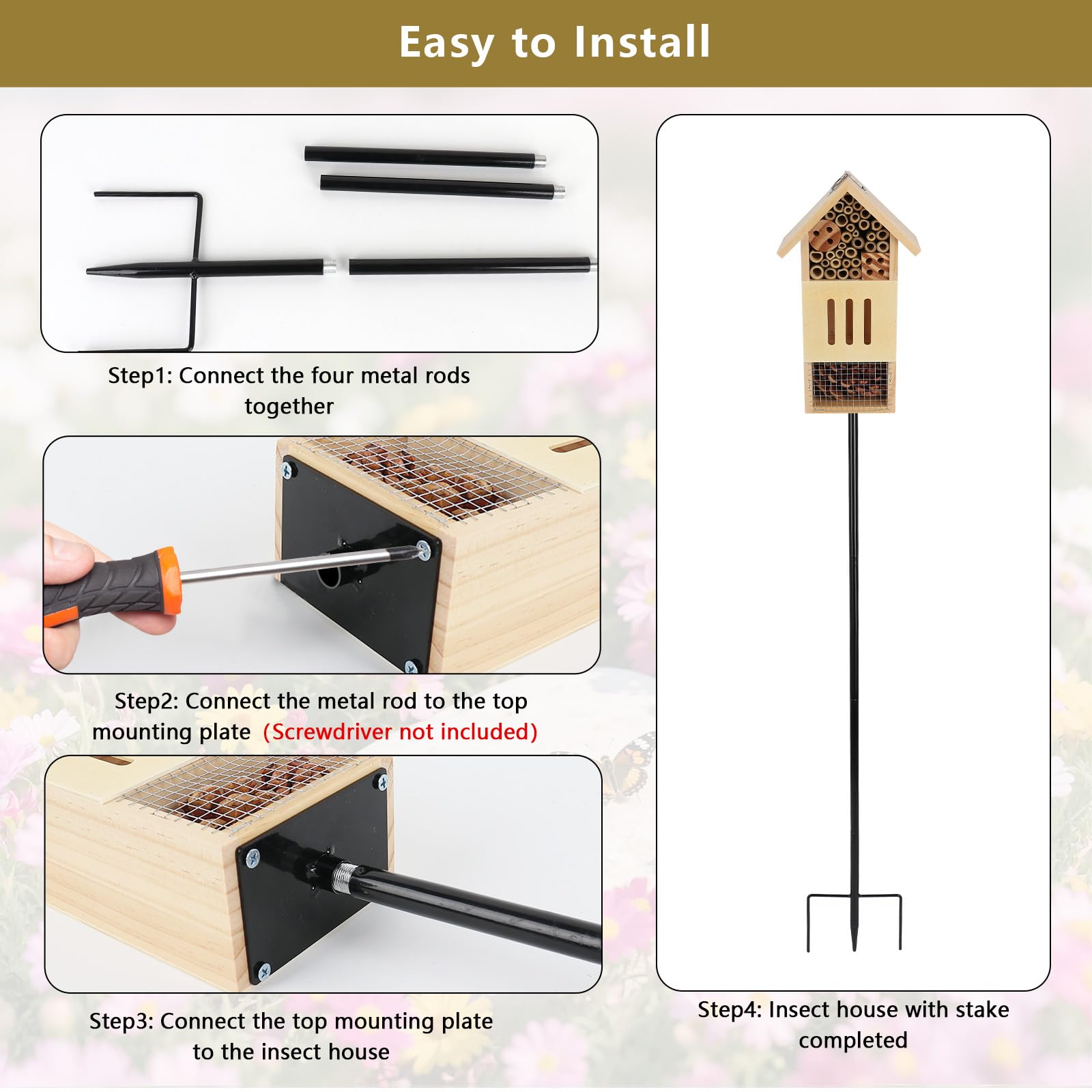 Lettry Casetta per insetti in legno, con paletto in metallo, per giardino, casa delle api e hotel per farfalle a terra o appesa alla parete dell'albero, habitat naturale per insetti per api, farfalle