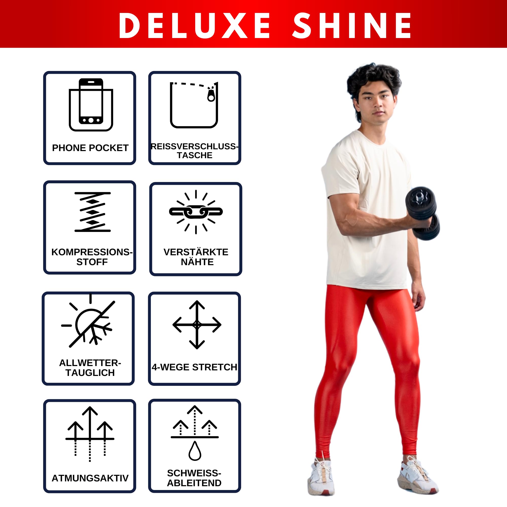 Kapow Meggings: Glänzende, Lange Herren Performance Leggings mit Kompression für Sport wie Fitness, Laufen, Basketball, Fußball, inklusive Taschen