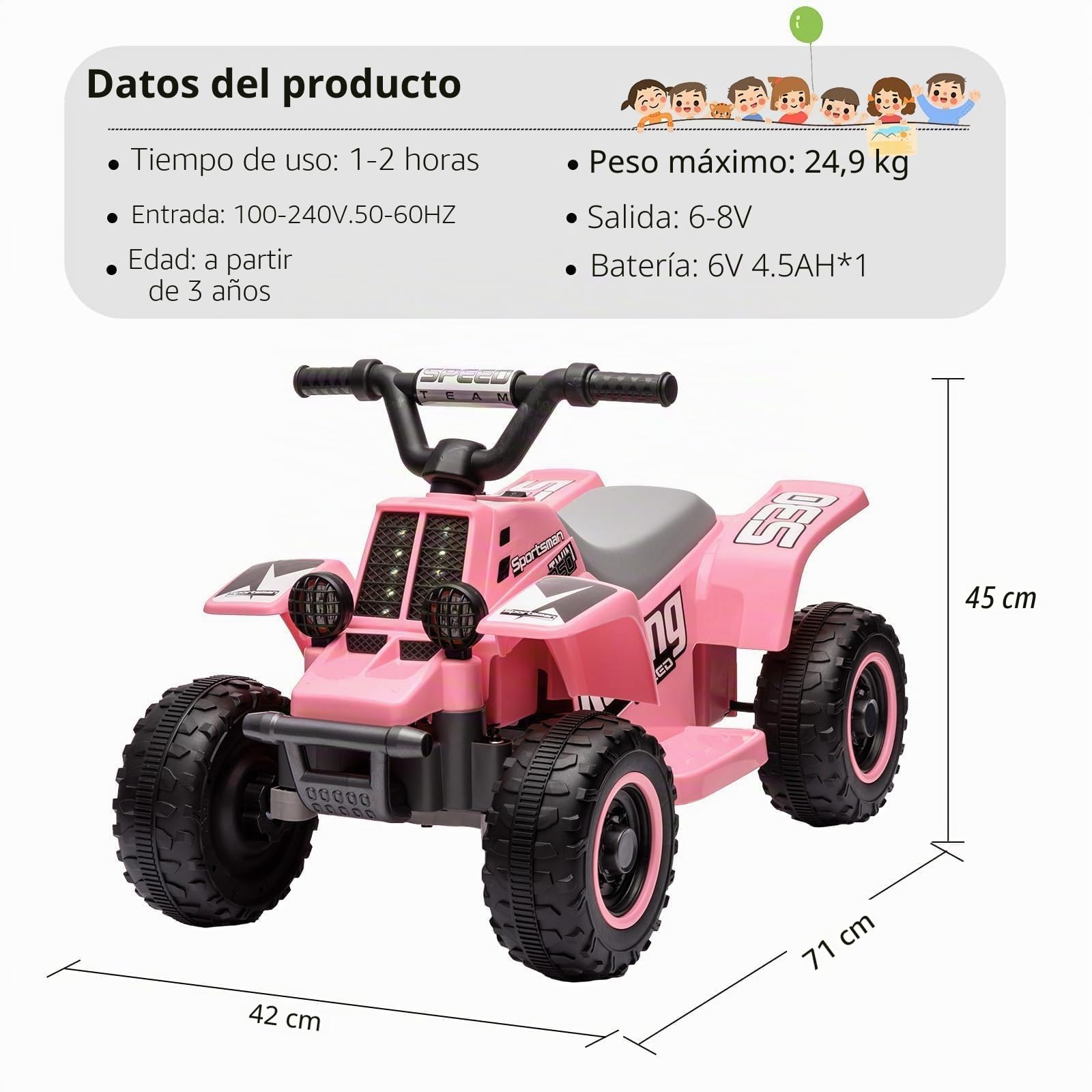 Quad Eléctrico Niño 6V, Coche Eléctrico para Niños de 3 a 6 Años, con LED Y Música, 1,8 km/h con Botón, Arranque de Larga Autonomía,Rosa