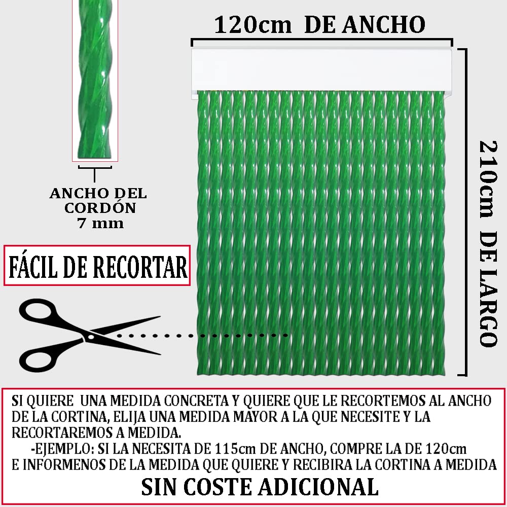 Cortinas - Tenda in corda per esterni, in plastica PVC e barra in alluminio, ideale per terrazze e verande, anti-mosche, trasparente-verde, 210 x 120 cm
