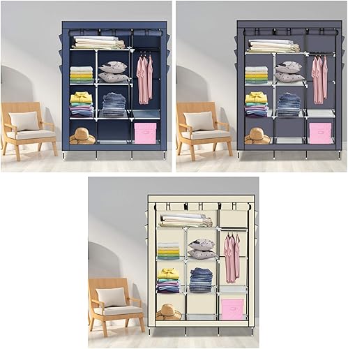 Vista 106 de 67" Portable Wardrobe Closet, Wardrobe Closet for Hanging Clothes with 2 Hanging Rods, 12 Clothes Storage Organizer Shelves, Non-Woven Fabric Grey