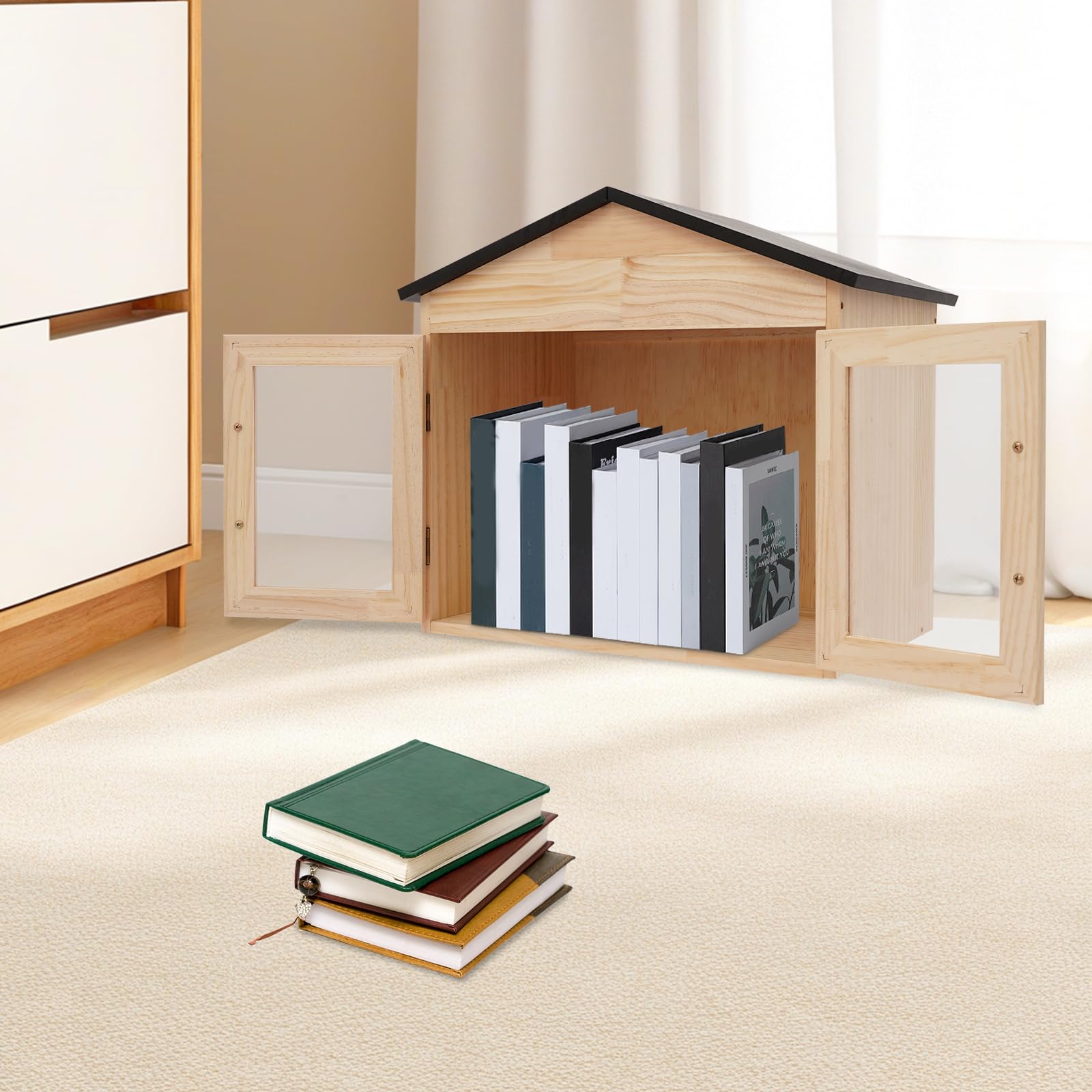 Librero de madera (43 x 28 x 41,9 cm) | Multifuncional doble puerta caja de intercambio de literatura, poste independiente, caja de libros montada